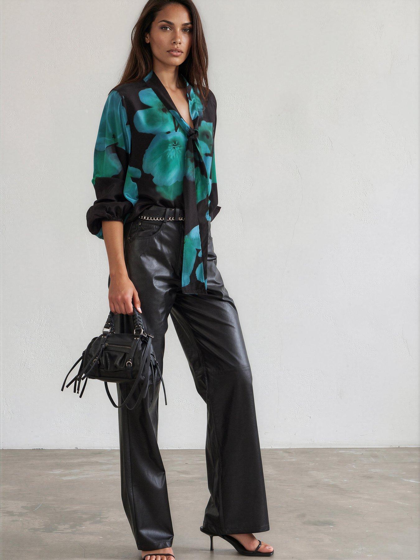 Image 3 of 7 of Religion Evie Blouse In Large Blue And Floral Fire Print With Sash Tie - Green