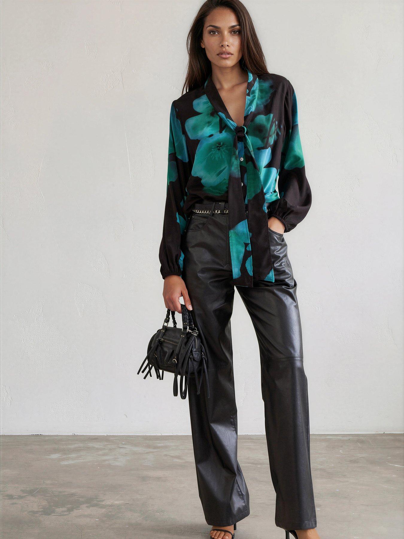 Image 4 of 7 of Religion Evie Blouse In Large Blue And Floral Fire Print With Sash Tie - Green
