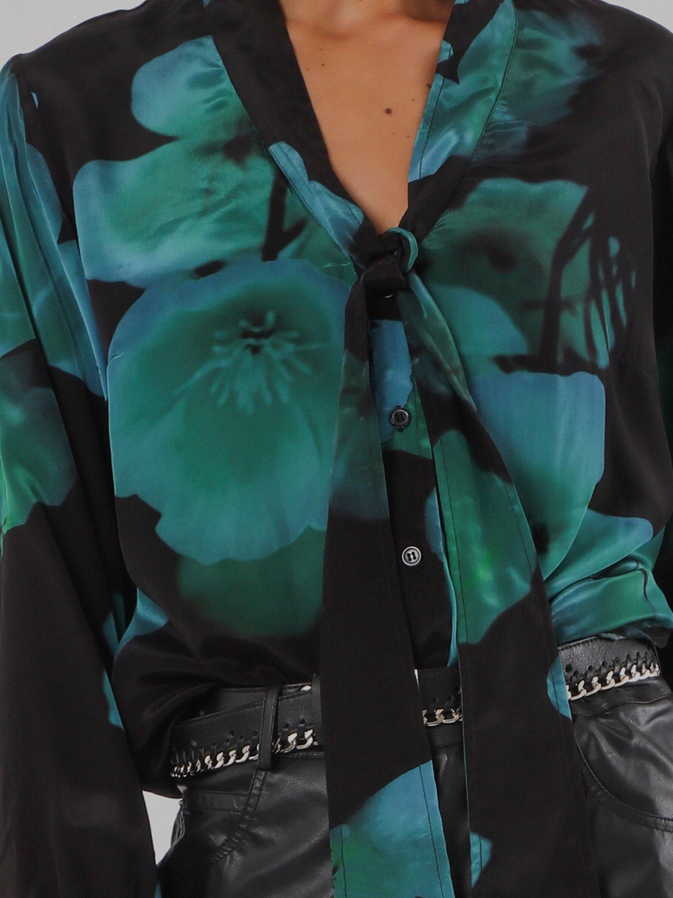 Image 5 of 7 of Religion Evie Blouse In Large Blue And Floral Fire Print With Sash Tie - Green