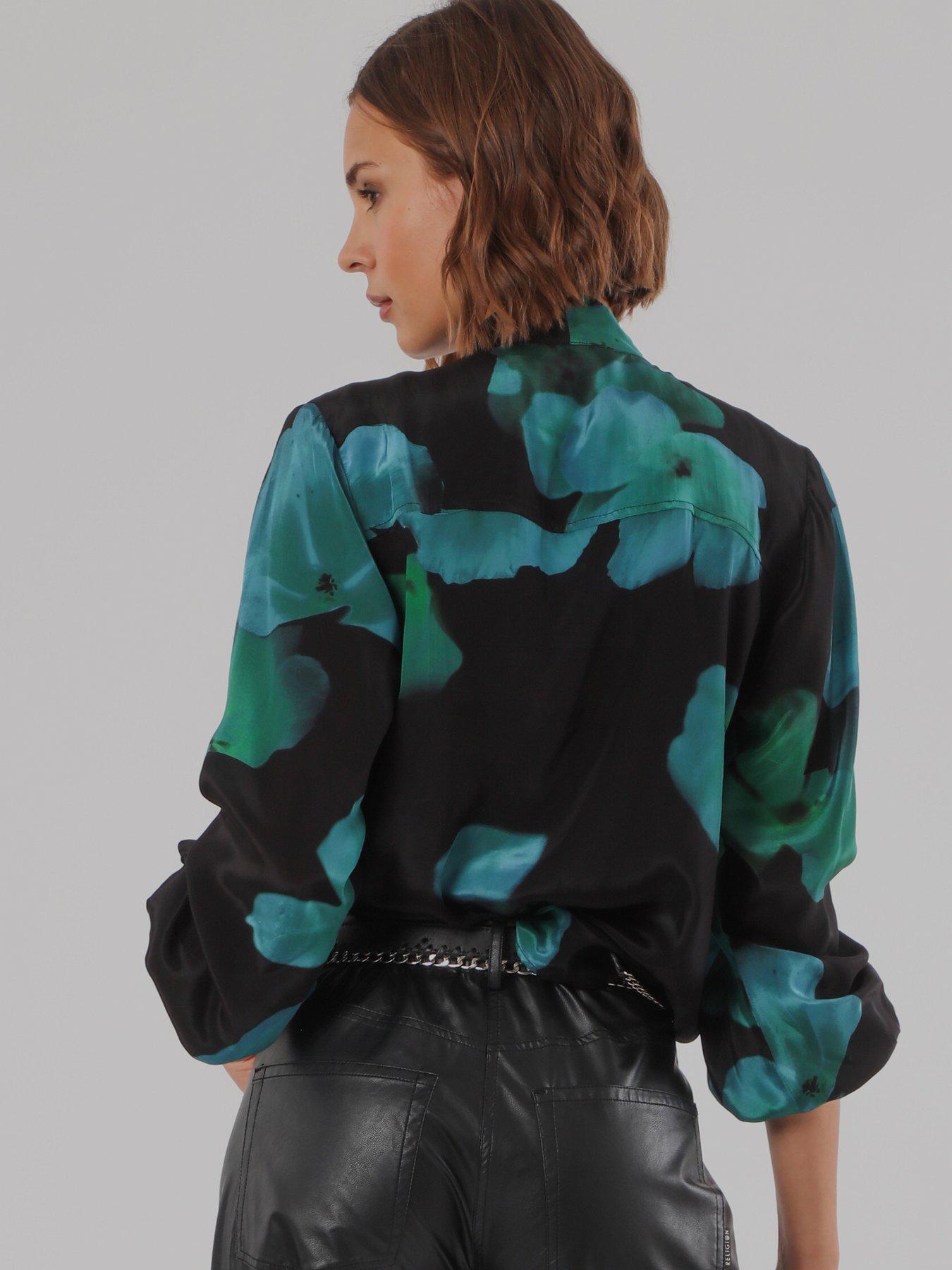 Image 6 of 7 of Religion Evie Blouse In Large Blue And Floral Fire Print With Sash Tie - Green