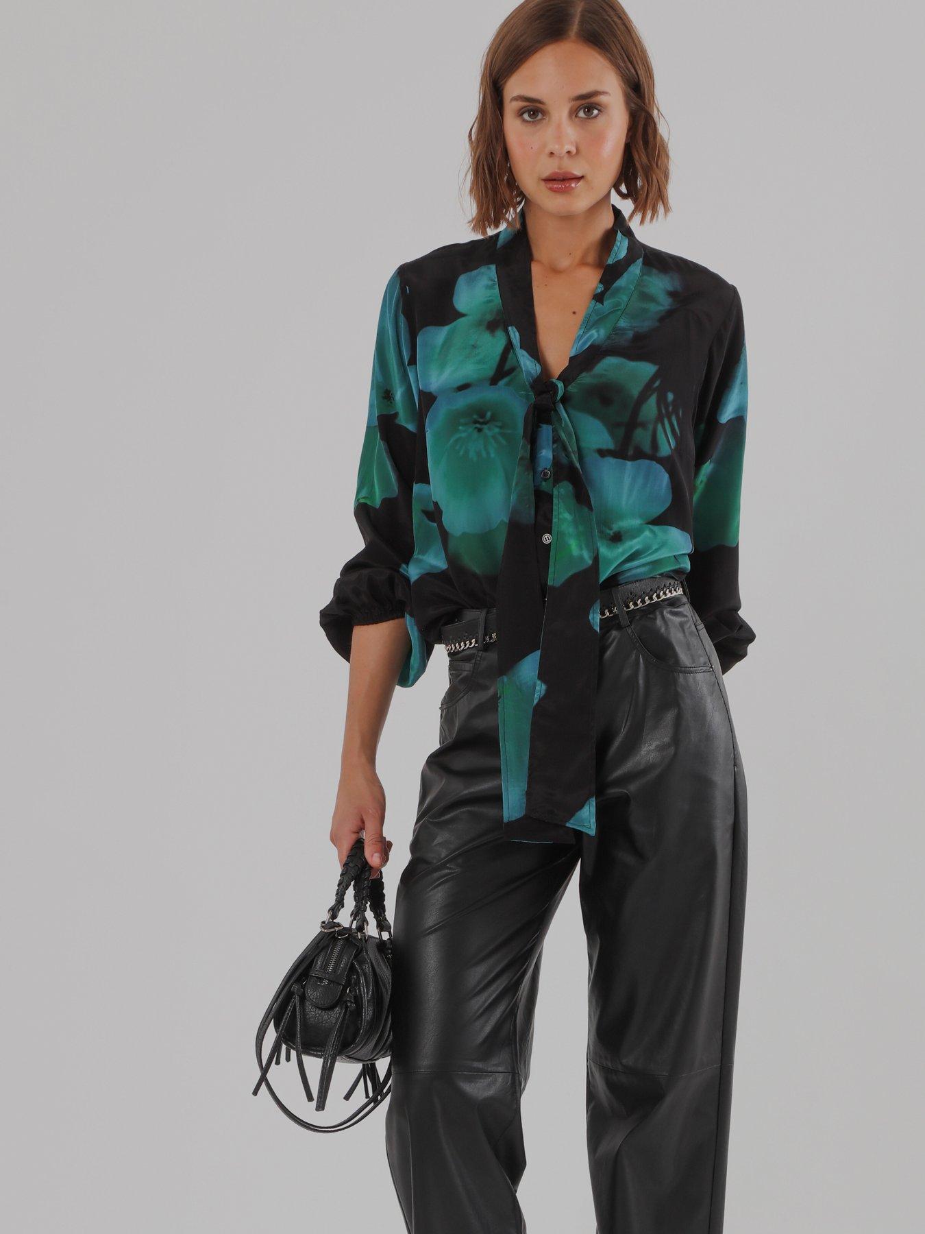 Image 7 of 7 of Religion Evie Blouse In Large Blue And Floral Fire Print With Sash Tie - Green