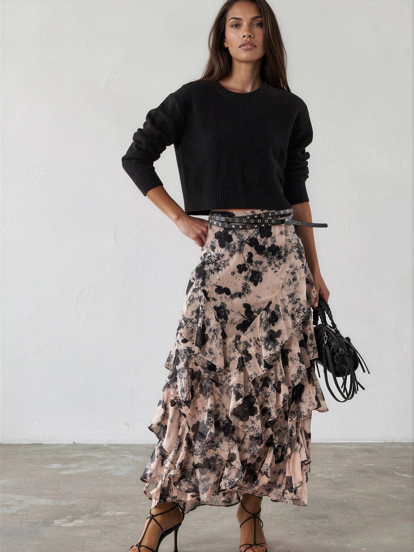 Religion Laura Multi Layer Ruffle Maxi Skirt In Floral Bewilder Print - Pink