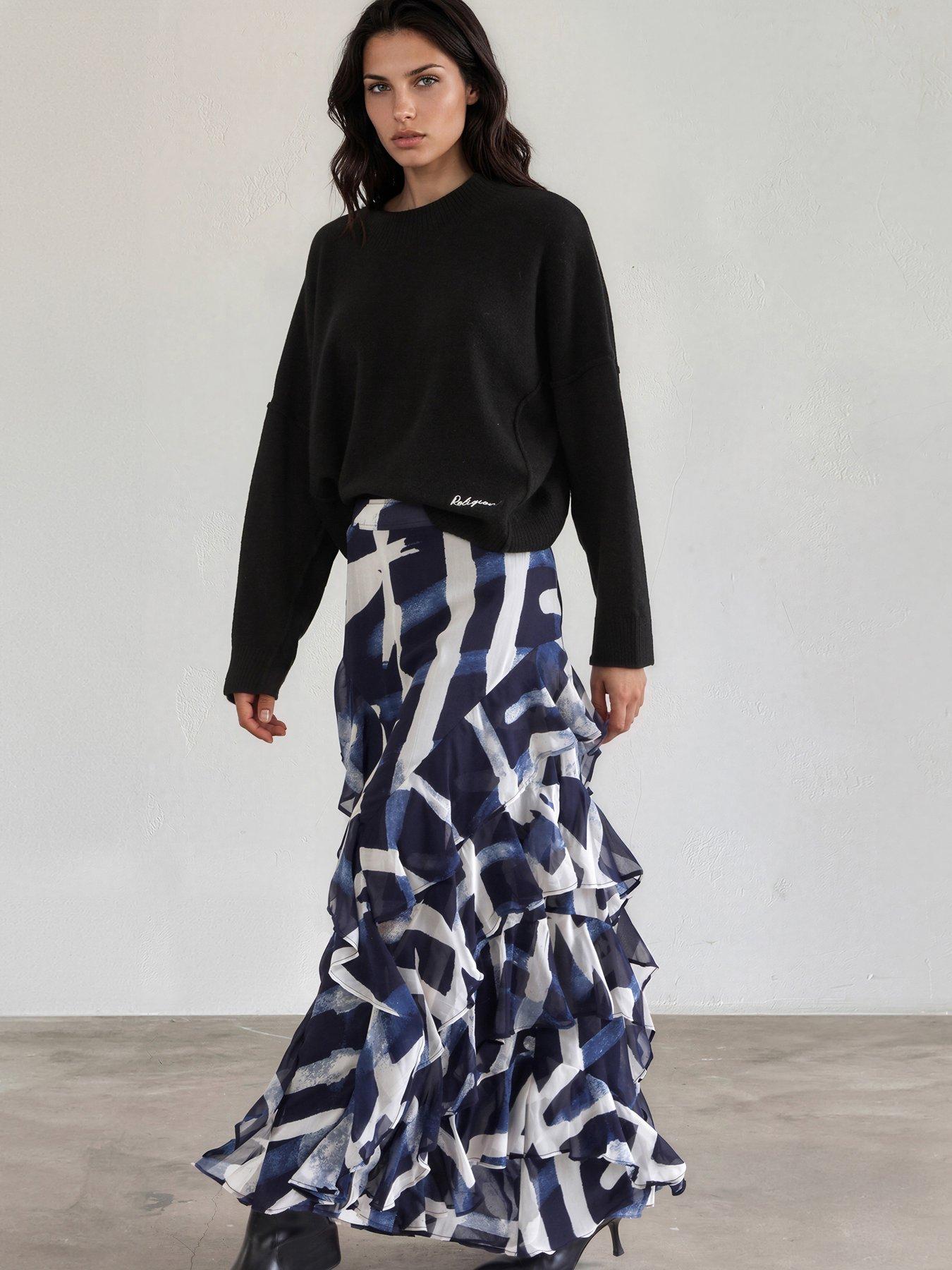 Image 1 of 7 of Religion Laura Multi Layer Ruffle Maxi Skirt In Abstract Stripe Hero Print - Blue