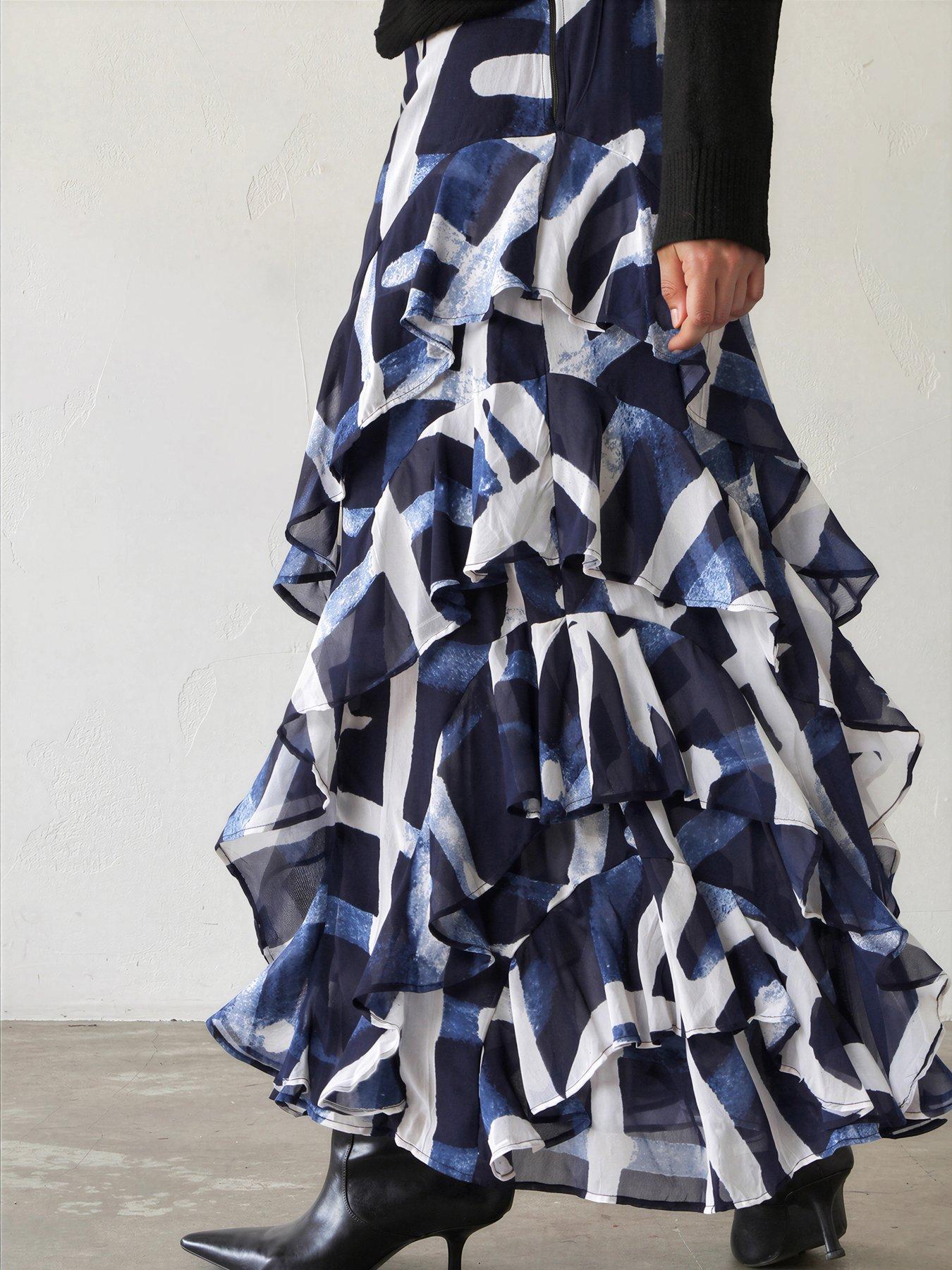 Image 2 of 7 of Religion Laura Multi Layer Ruffle Maxi Skirt In Abstract Stripe Hero Print - Blue