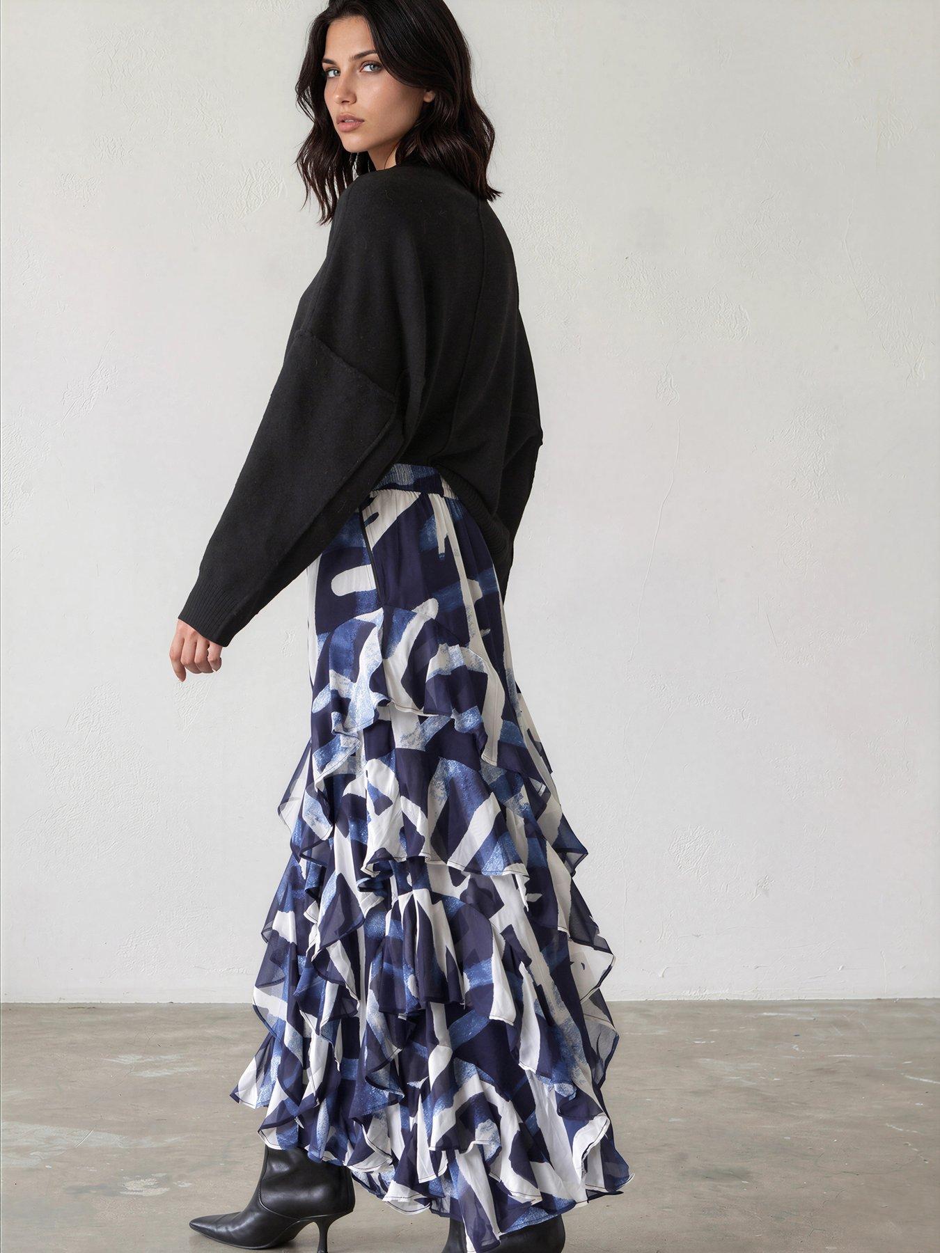 Image 3 of 7 of Religion Laura Multi Layer Ruffle Maxi Skirt In Abstract Stripe Hero Print - Blue