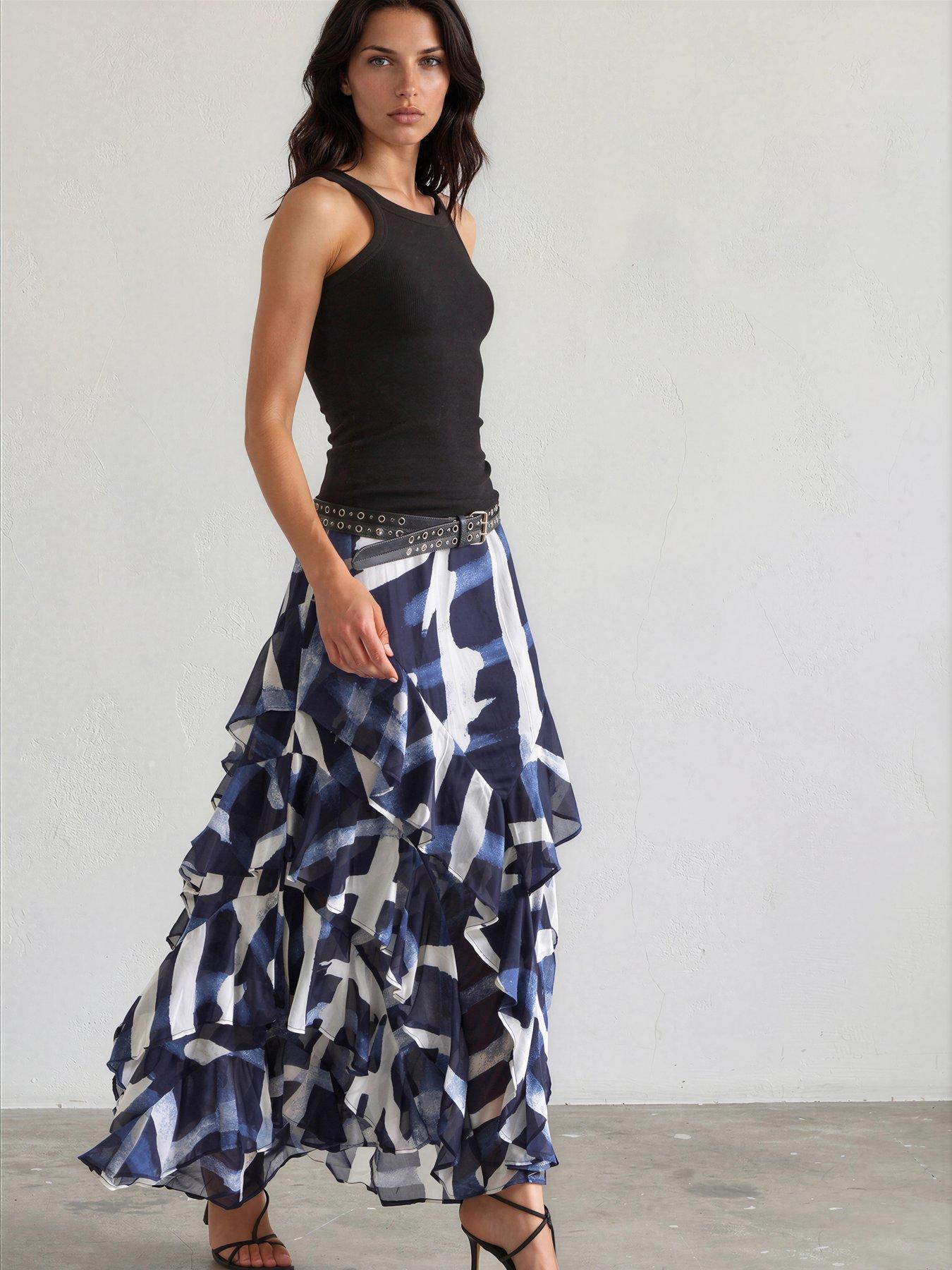Image 4 of 7 of Religion Laura Multi Layer Ruffle Maxi Skirt In Abstract Stripe Hero Print - Blue