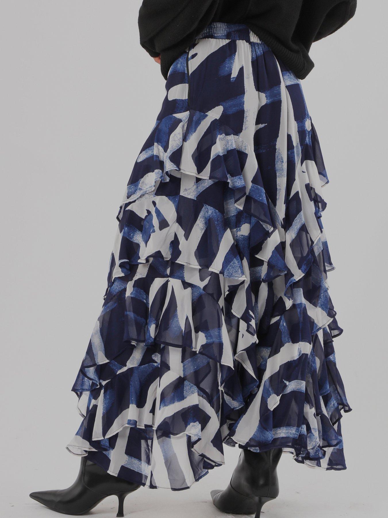 Image 6 of 7 of Religion Laura Multi Layer Ruffle Maxi Skirt In Abstract Stripe Hero Print - Blue