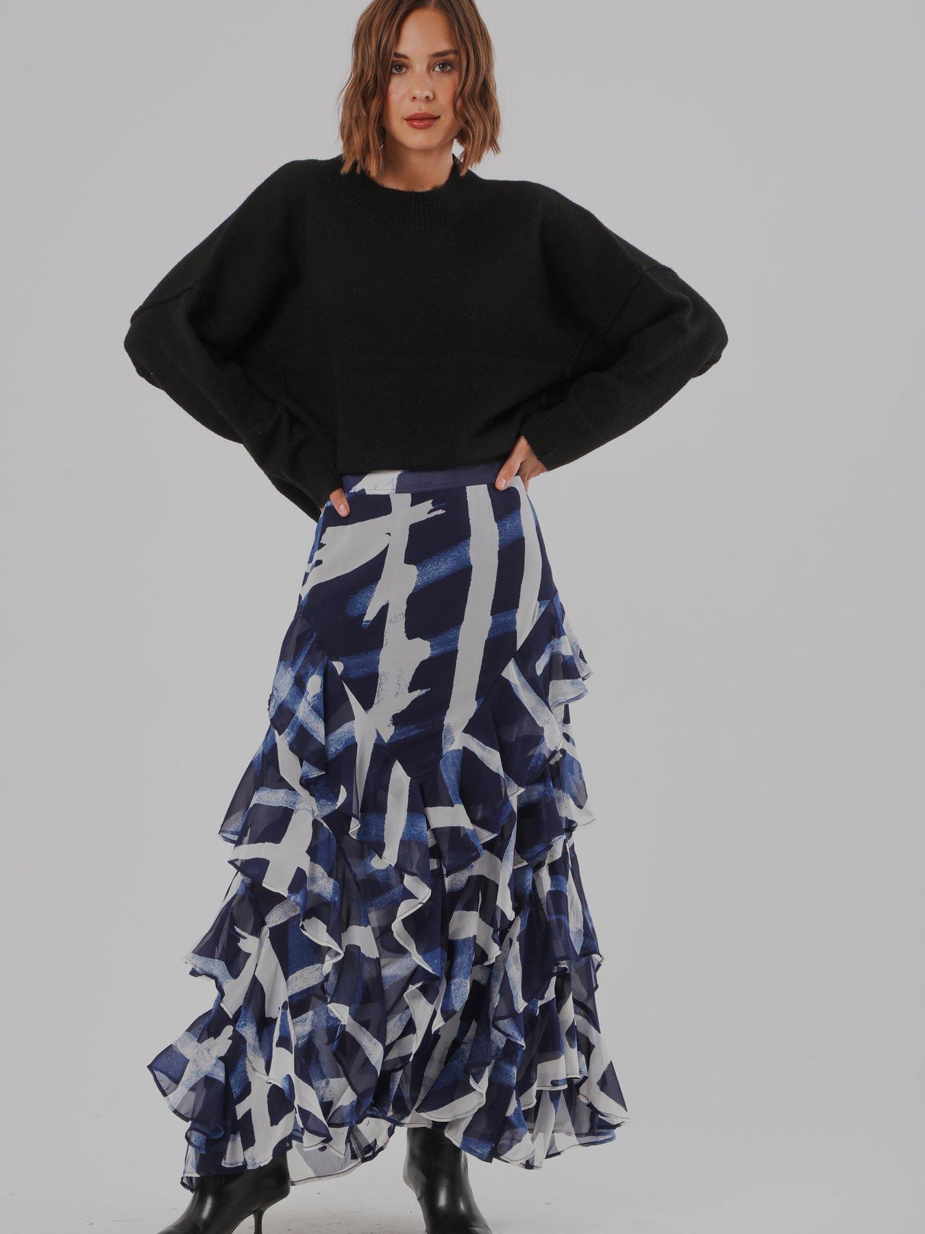 Image 7 of 7 of Religion Laura Multi Layer Ruffle Maxi Skirt In Abstract Stripe Hero Print - Blue