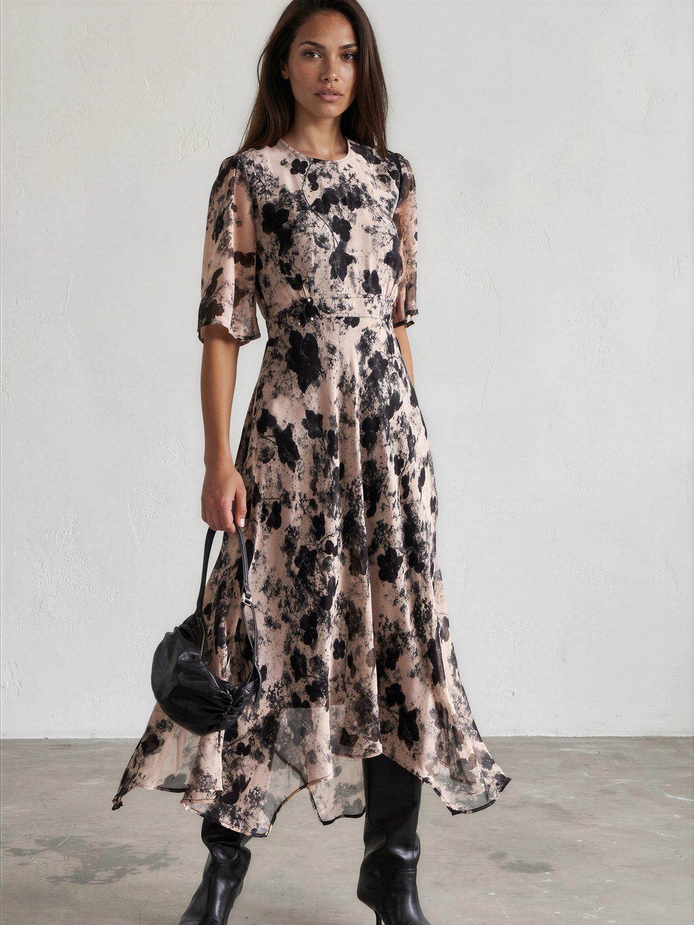 Religion Solstice Tea Dress With Stud Trim Waistband In Floral Bewilder Ashes Print - Beige
