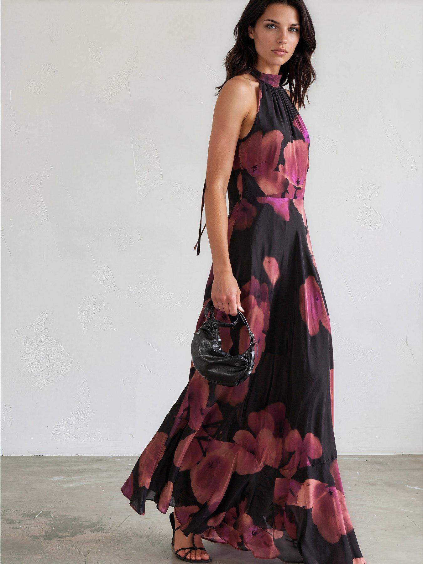 Religion Valeria Maxi Halterneck Dress In Floral Fire Print In Pinks