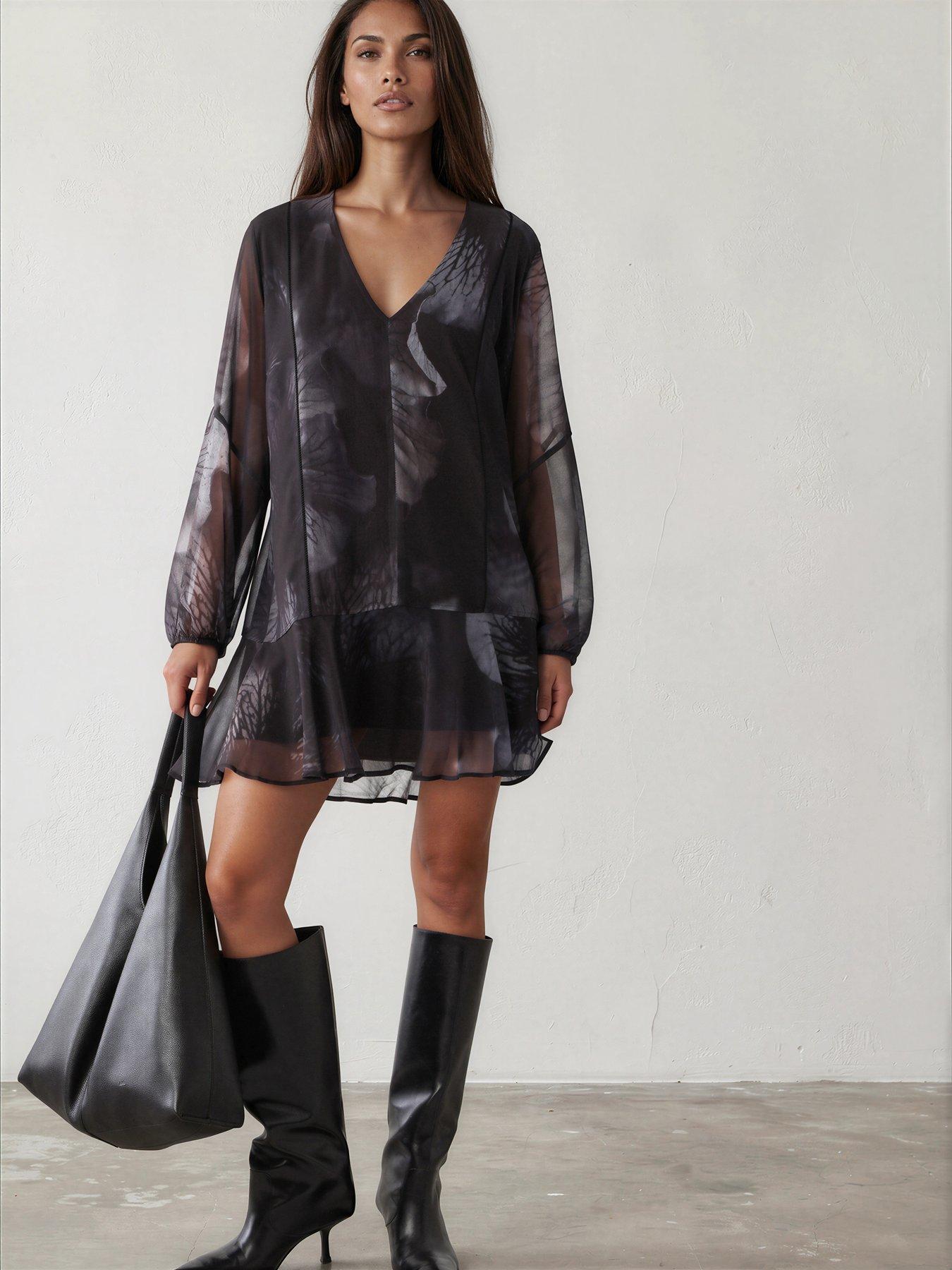 Religion Edie Loose Tunic Dress In Trace And Grey Print - Blue
