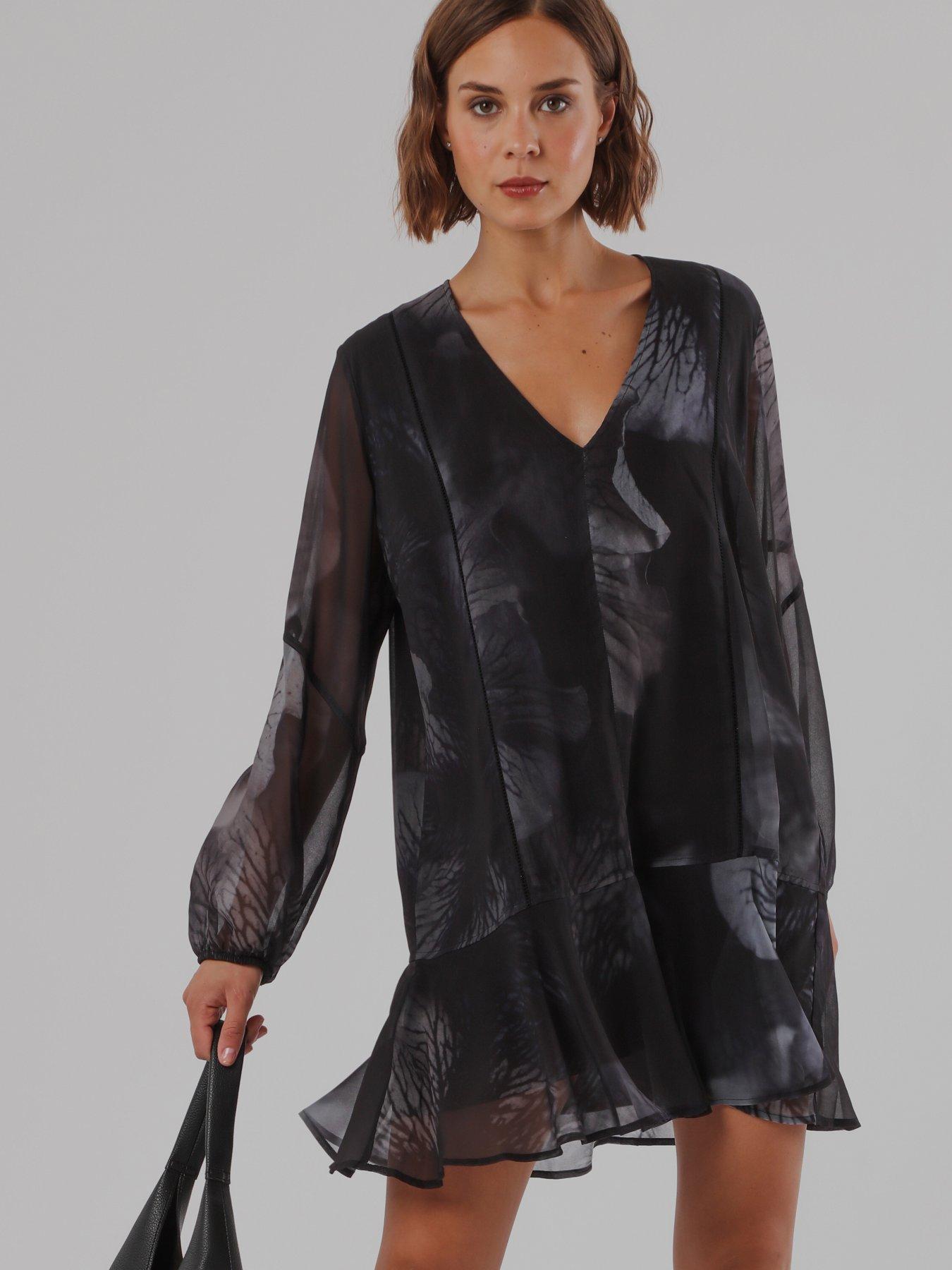 Image 7 of 7 of Religion Edie Loose Tunic Dress In Trace And Grey Print - Blue