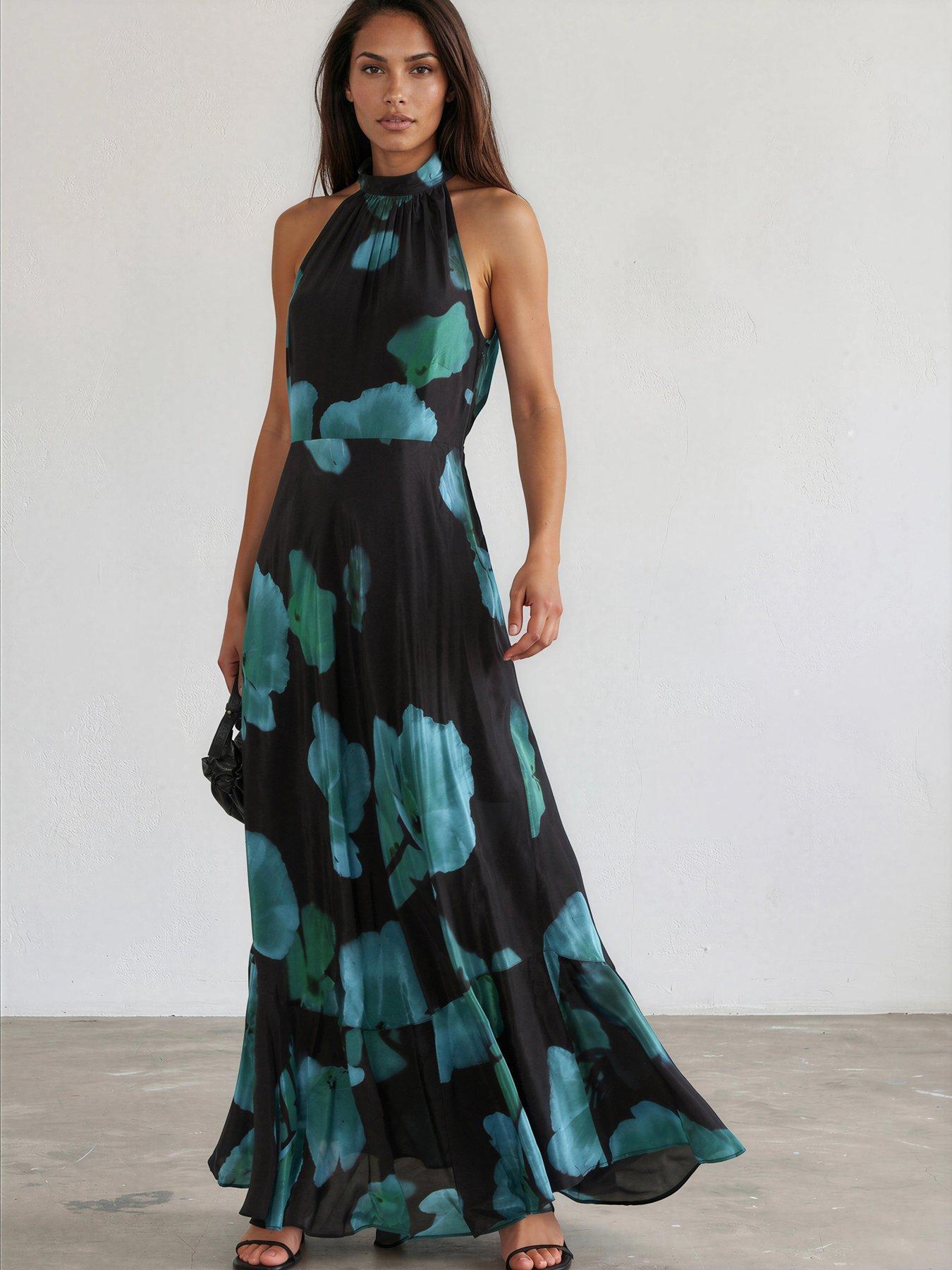 Religion Valeria Maxi Halterneck Dress In Floral Fire Print In Blue And - Green