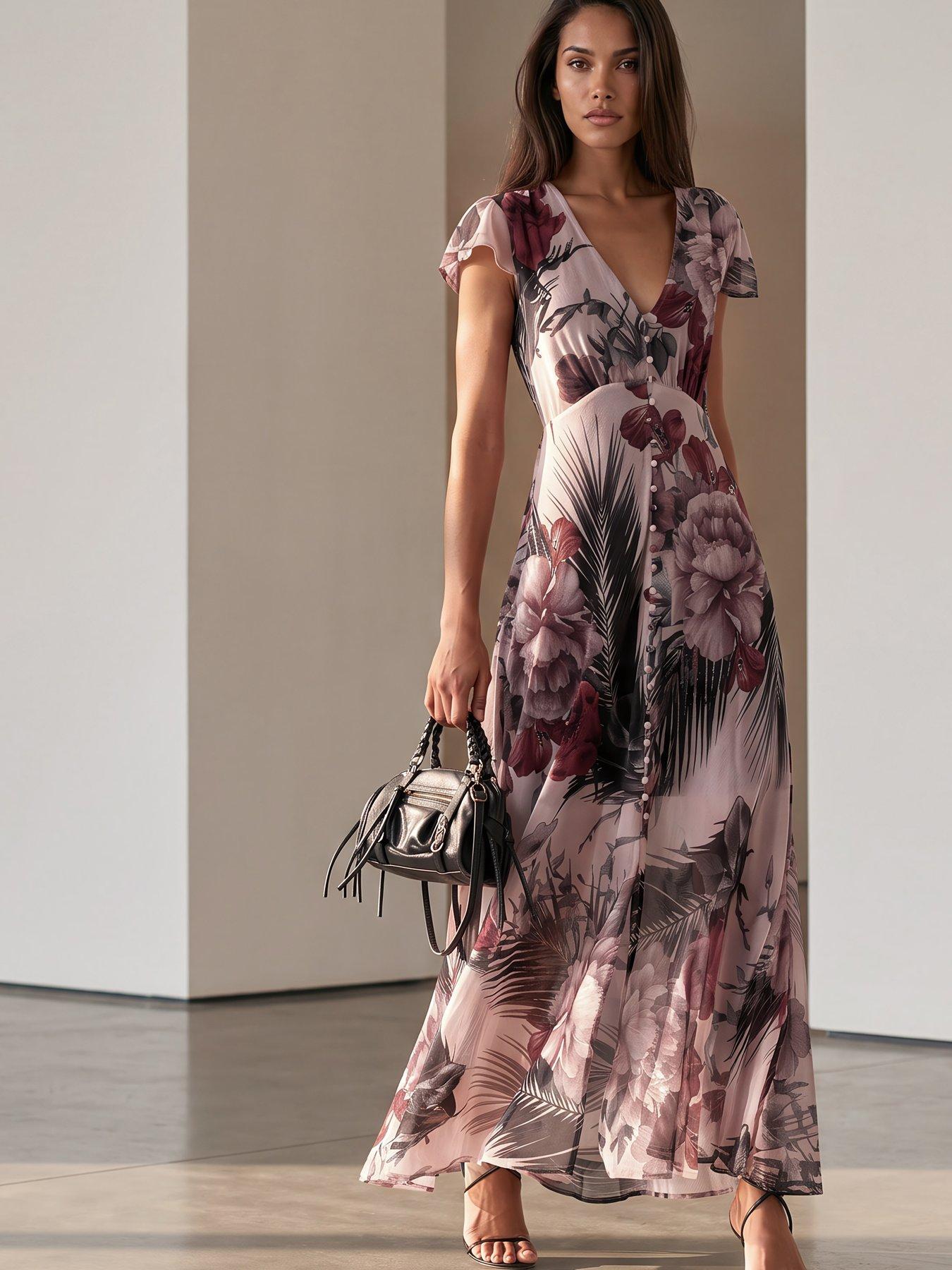 Religion Indium Maxi Dress With Cap Sleeves And Button Design Feature In Floral Camellia Print