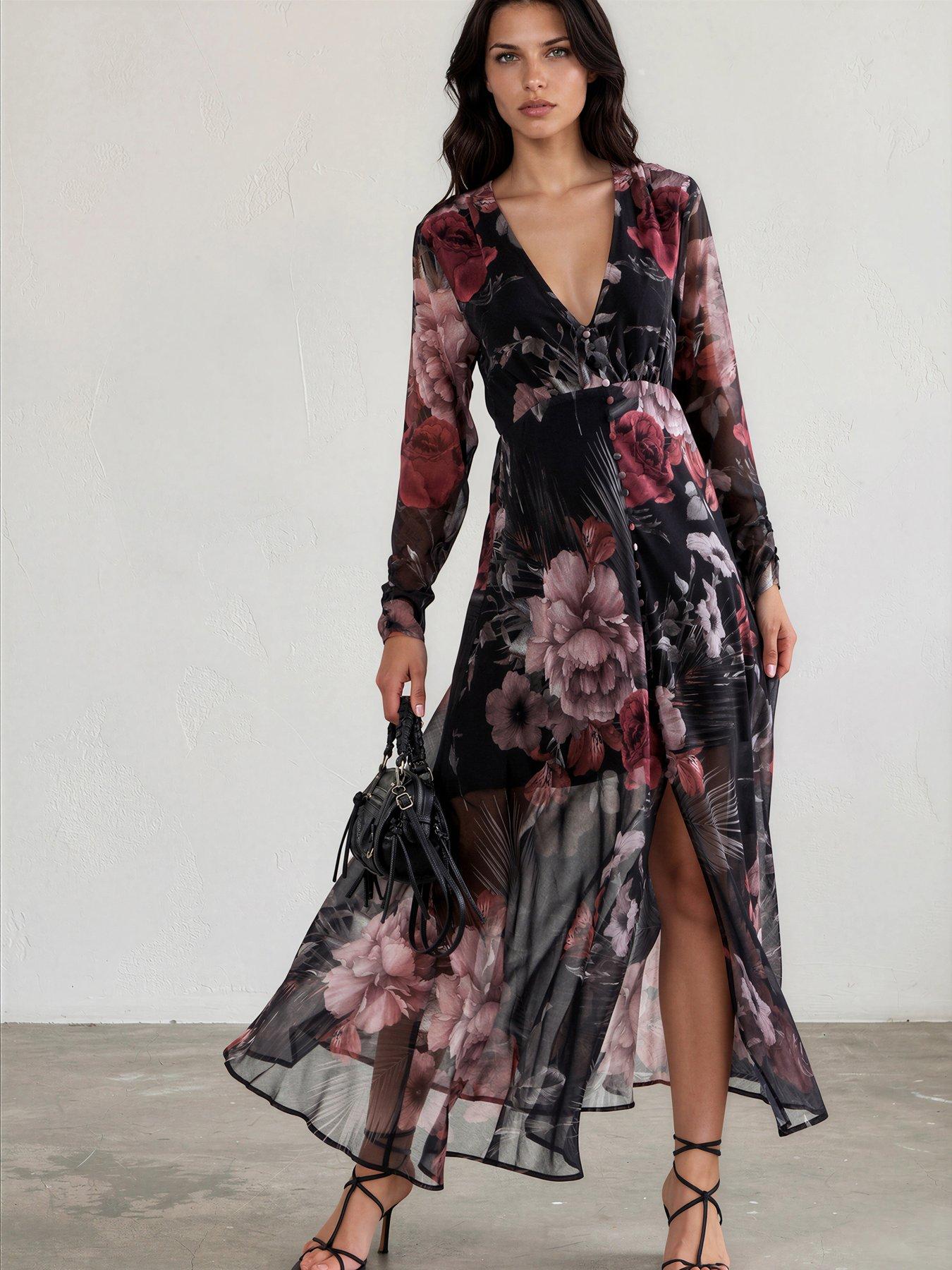 Religion Chloe Long Sleeved Maxi Dress With Button Detail In Floral Camellia Print - Black