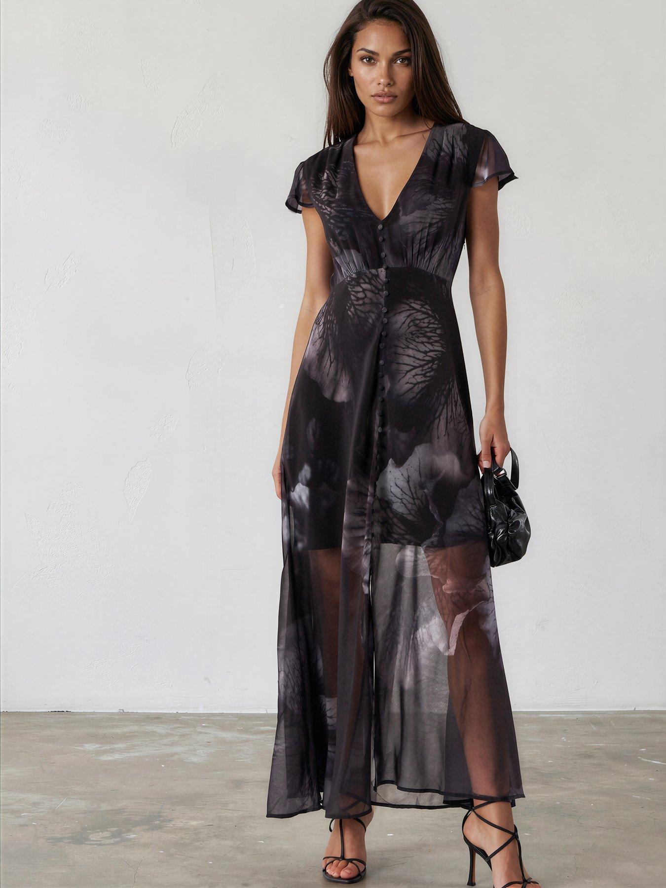 Religion Indium Maxi Dress With Cap Sleeves And Button Design Feature In Trace And Grey Print - Blue