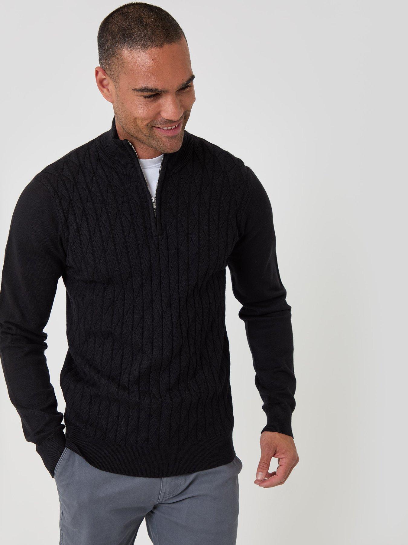 Image 1 of 4 of Threadbare Diamond Cable Knit Quarter Zip Jumper In Black