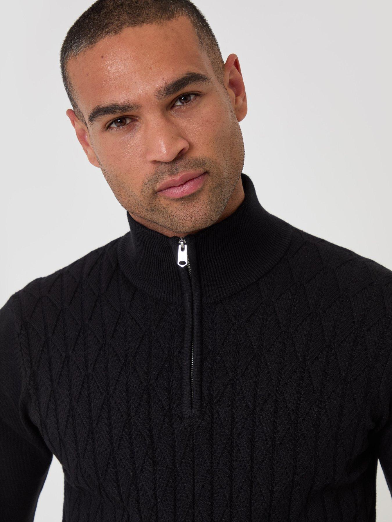 Image 4 of 4 of Threadbare Diamond Cable Knit Quarter Zip Jumper In Black
