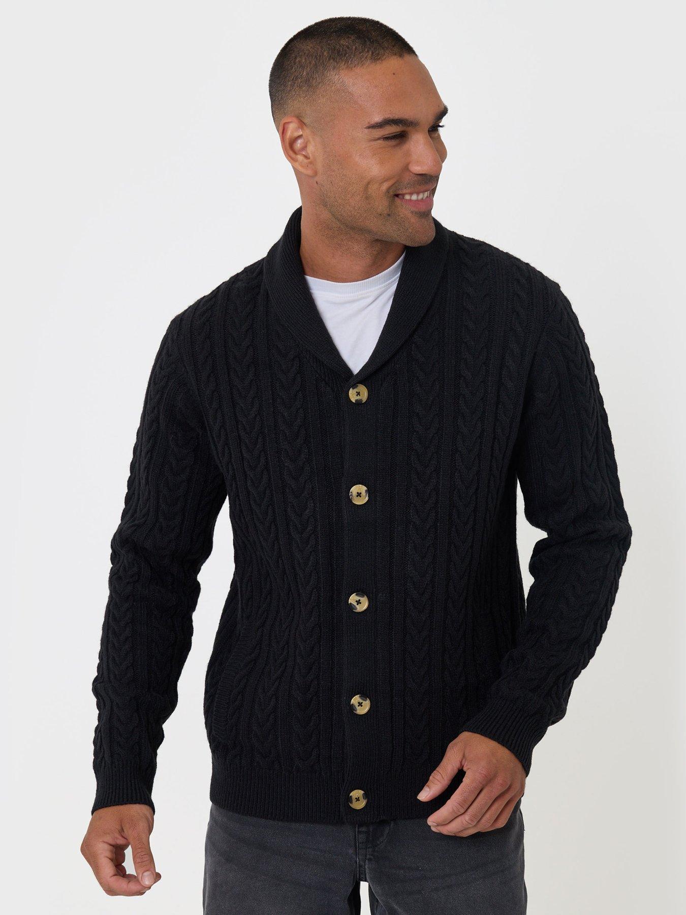 Image 1 of 5 of Threadbare Threadbare Mens Shawl Collar Cable Knit Cardigan - Black