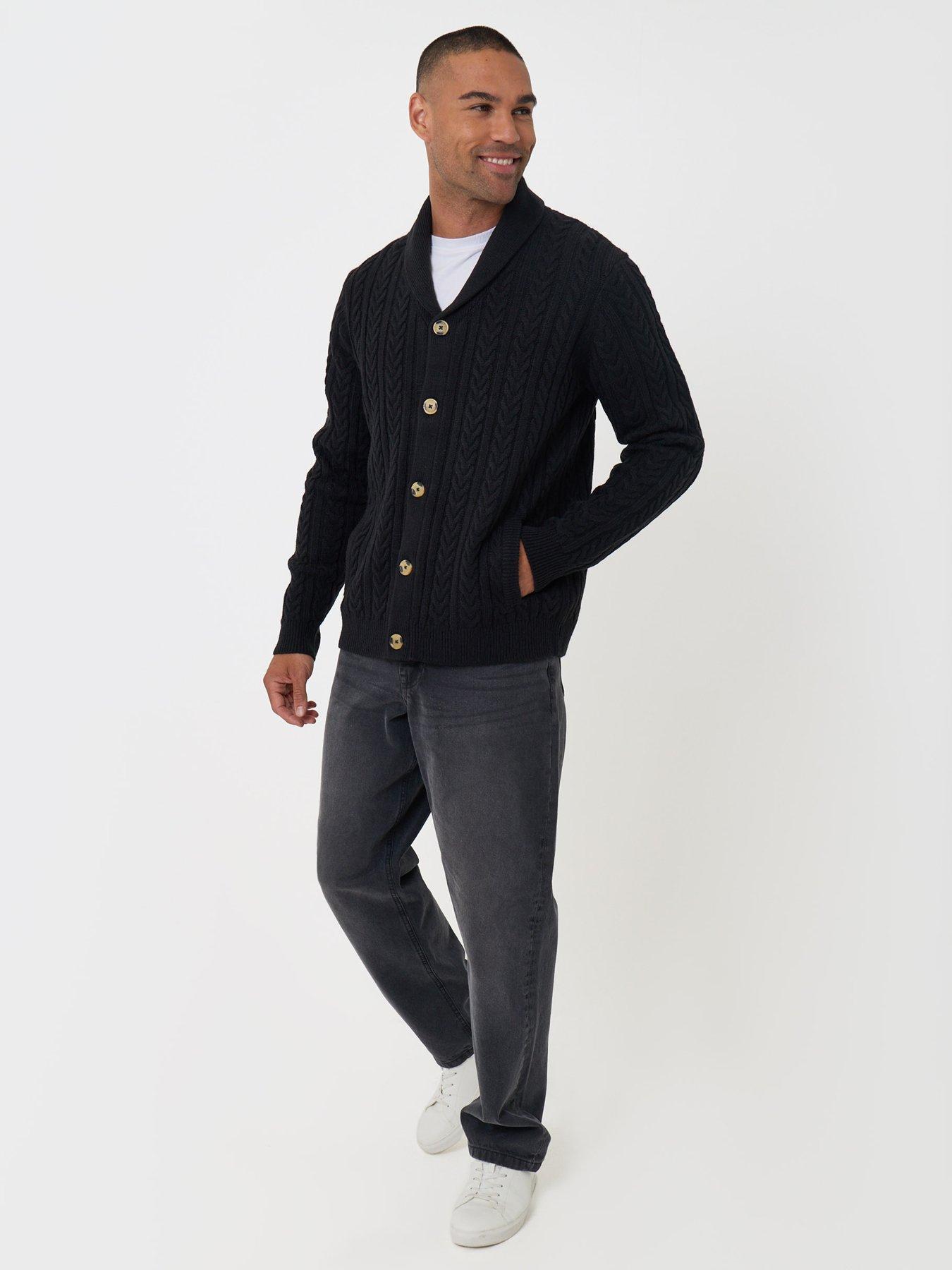 Image 3 of 5 of Threadbare Threadbare Mens Shawl Collar Cable Knit Cardigan - Black
