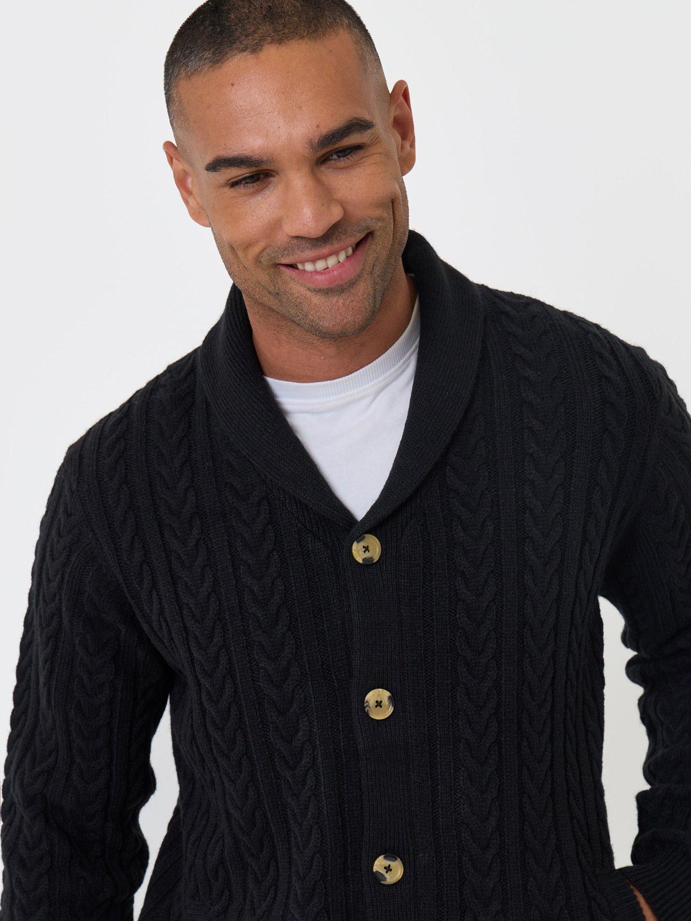 Image 4 of 5 of Threadbare Threadbare Mens Shawl Collar Cable Knit Cardigan - Black