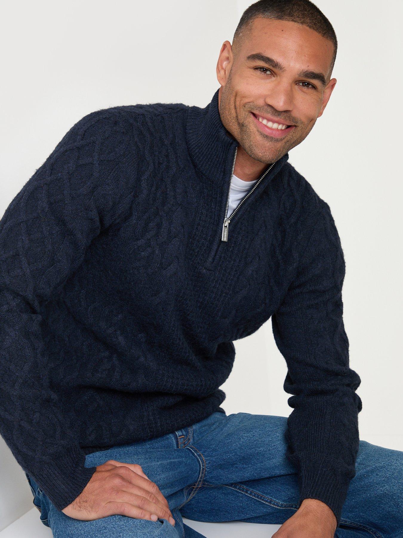 Image 1 of 5 of Threadbare Threadbare Mens Quarter Zip Cable Knit Jumper - Navy