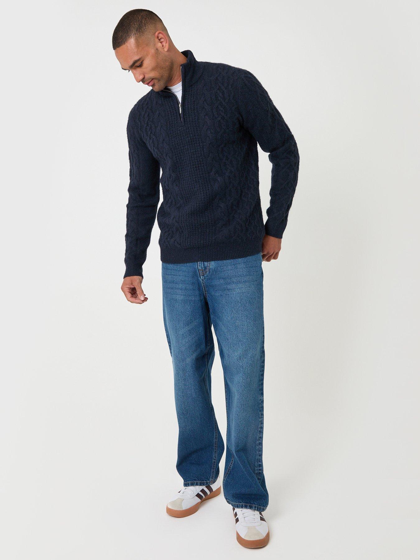 Image 3 of 5 of Threadbare Threadbare Mens Quarter Zip Cable Knit Jumper - Navy