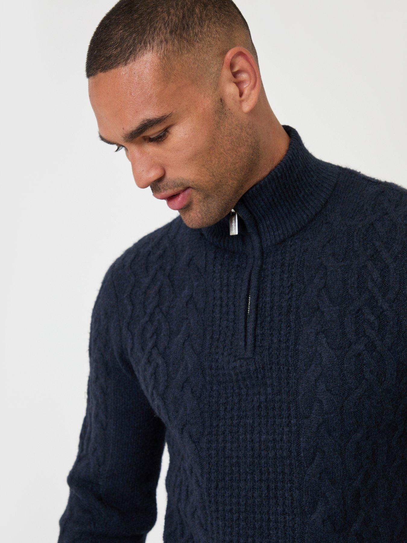 Image 4 of 5 of Threadbare Threadbare Mens Quarter Zip Cable Knit Jumper - Navy