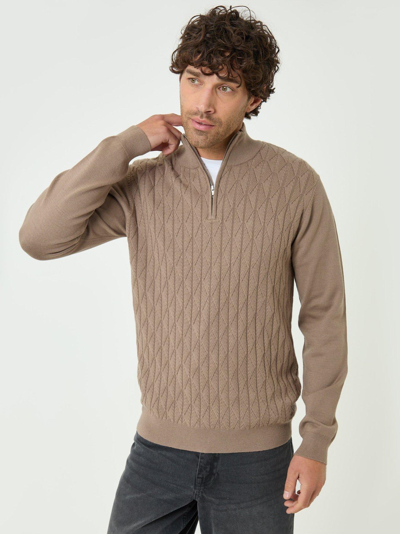 Image 1 of 4 of Threadbare Mens Diamond Cable Quarter Zip Jumper - Cream