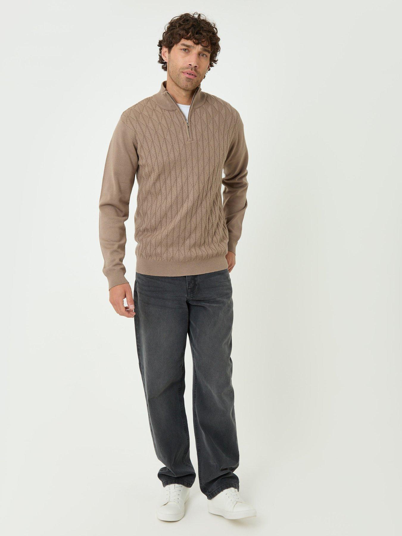 Image 3 of 4 of Threadbare Mens Diamond Cable Quarter Zip Jumper - Cream