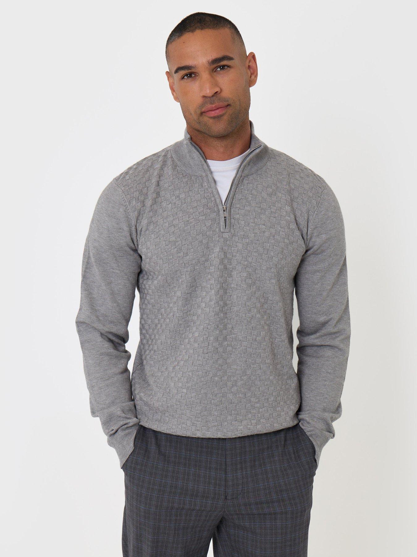 Image 1 of 4 of Threadbare Threadbare Mens Basket Stitch Quarter Zip Jumper - Grey