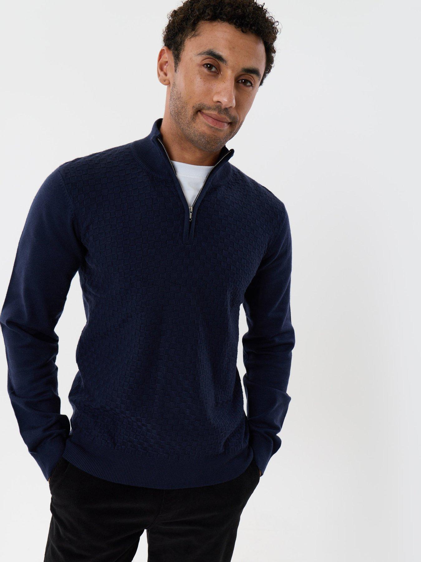 Image 1 of 4 of Threadbare Basket Stitch Quarter Zip Jumper In Navy
