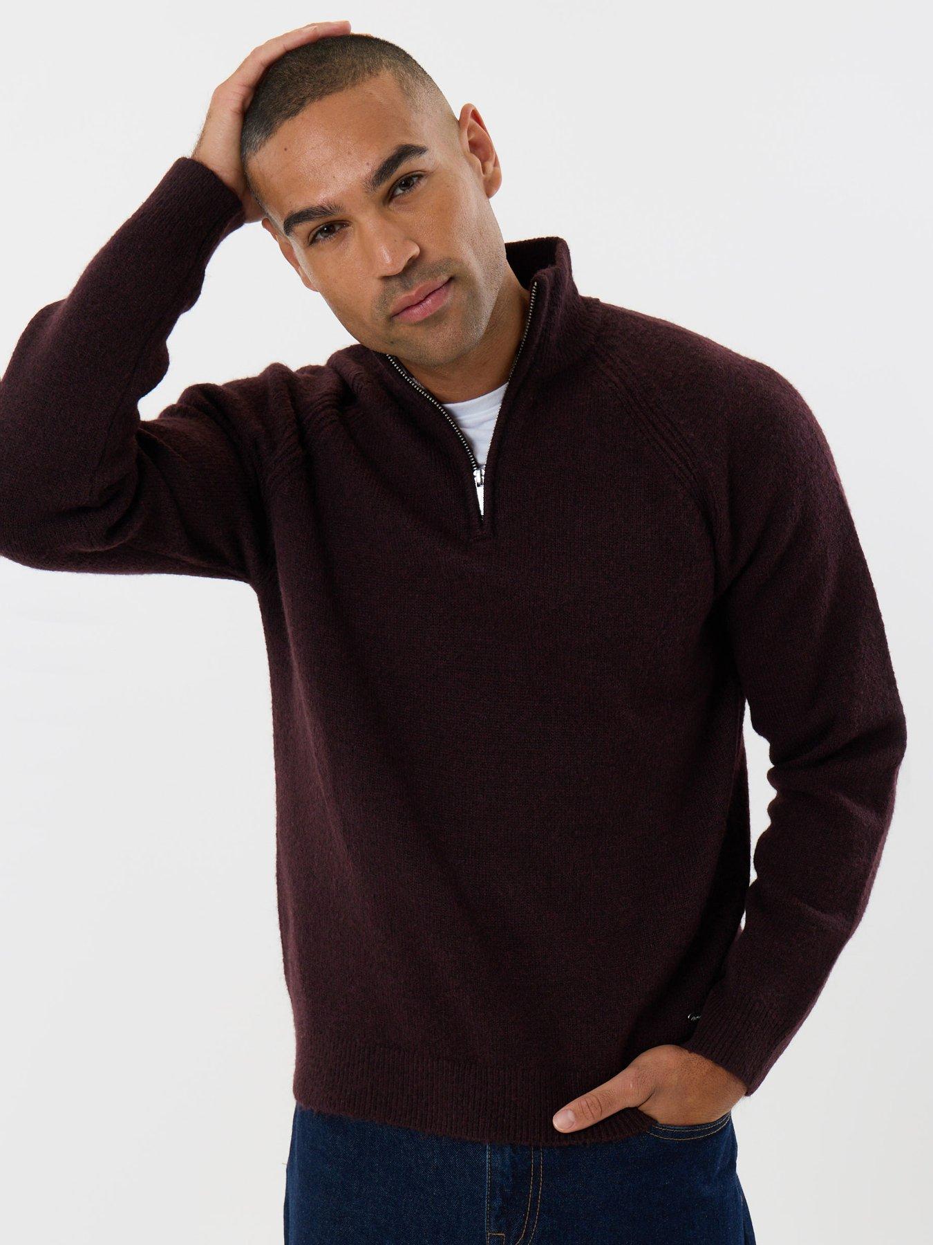 Image 1 of 4 of Threadbare Raglan Rib Quarter Zip Knitted Jumper In Burgundy