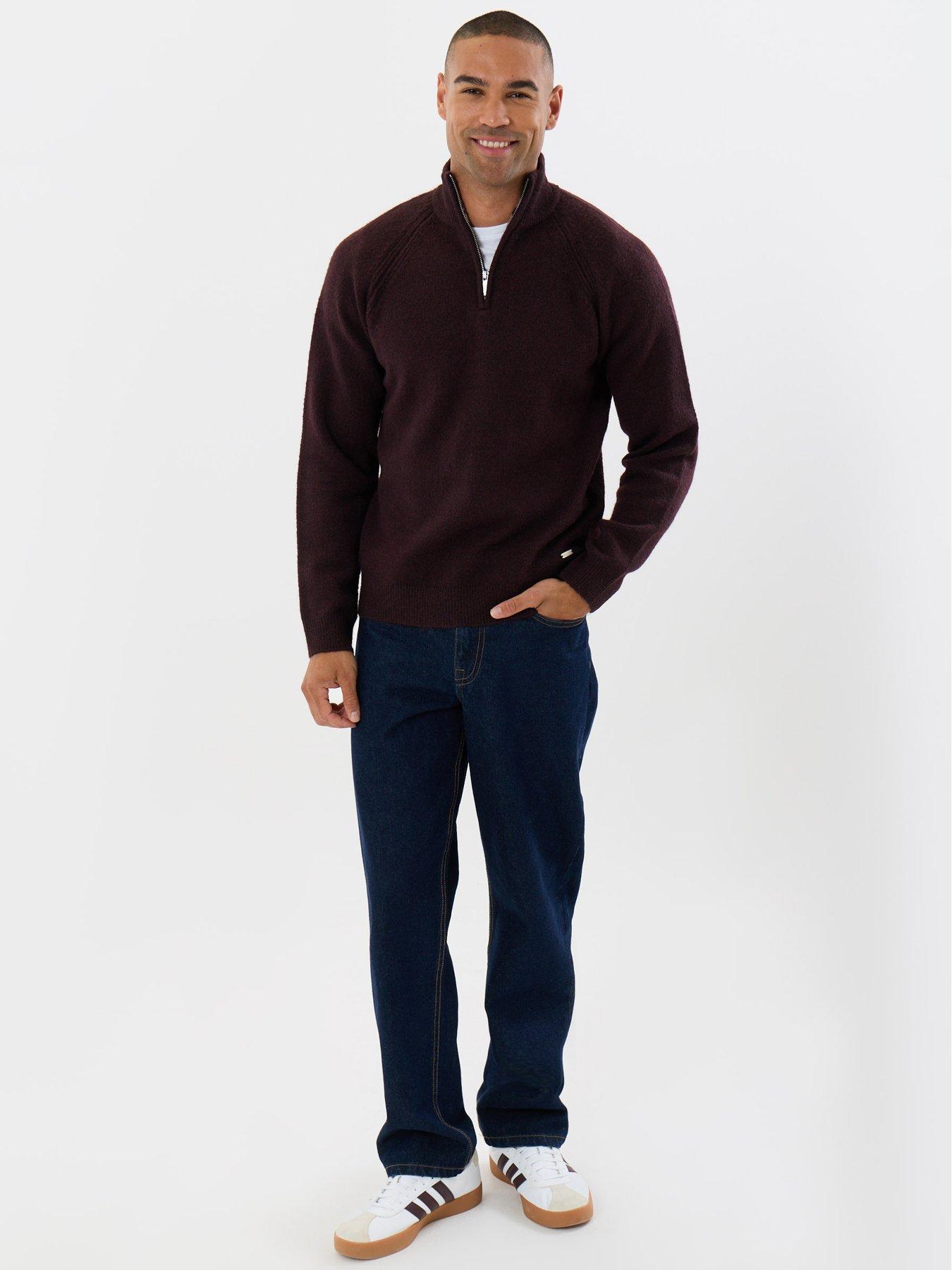 Image 3 of 4 of Threadbare Raglan Rib Quarter Zip Knitted Jumper In Burgundy