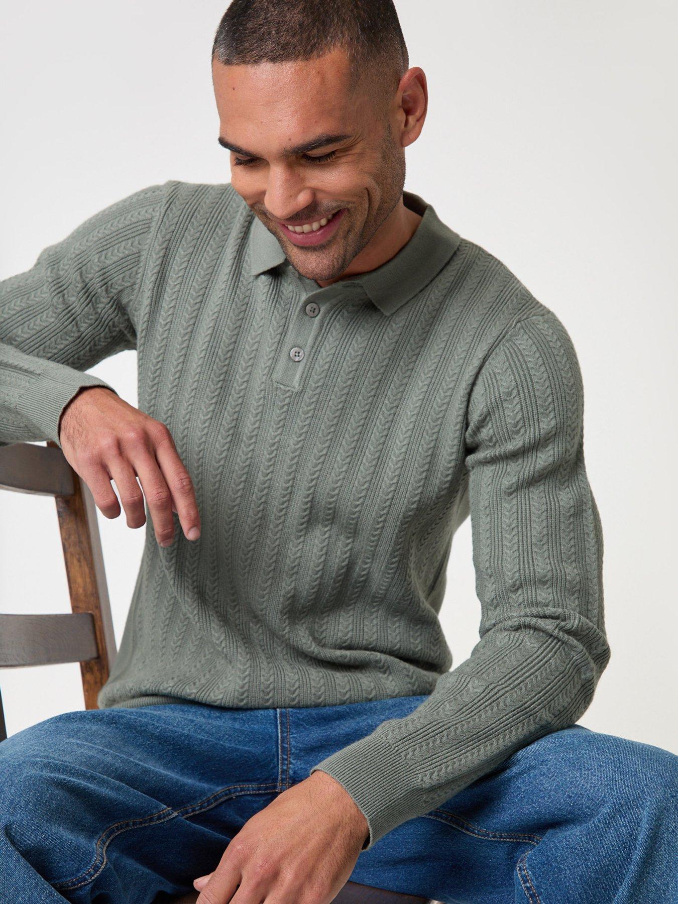 Image 1 of 5 of Threadbare Textured Cable Knit Polo Jumper In Sage