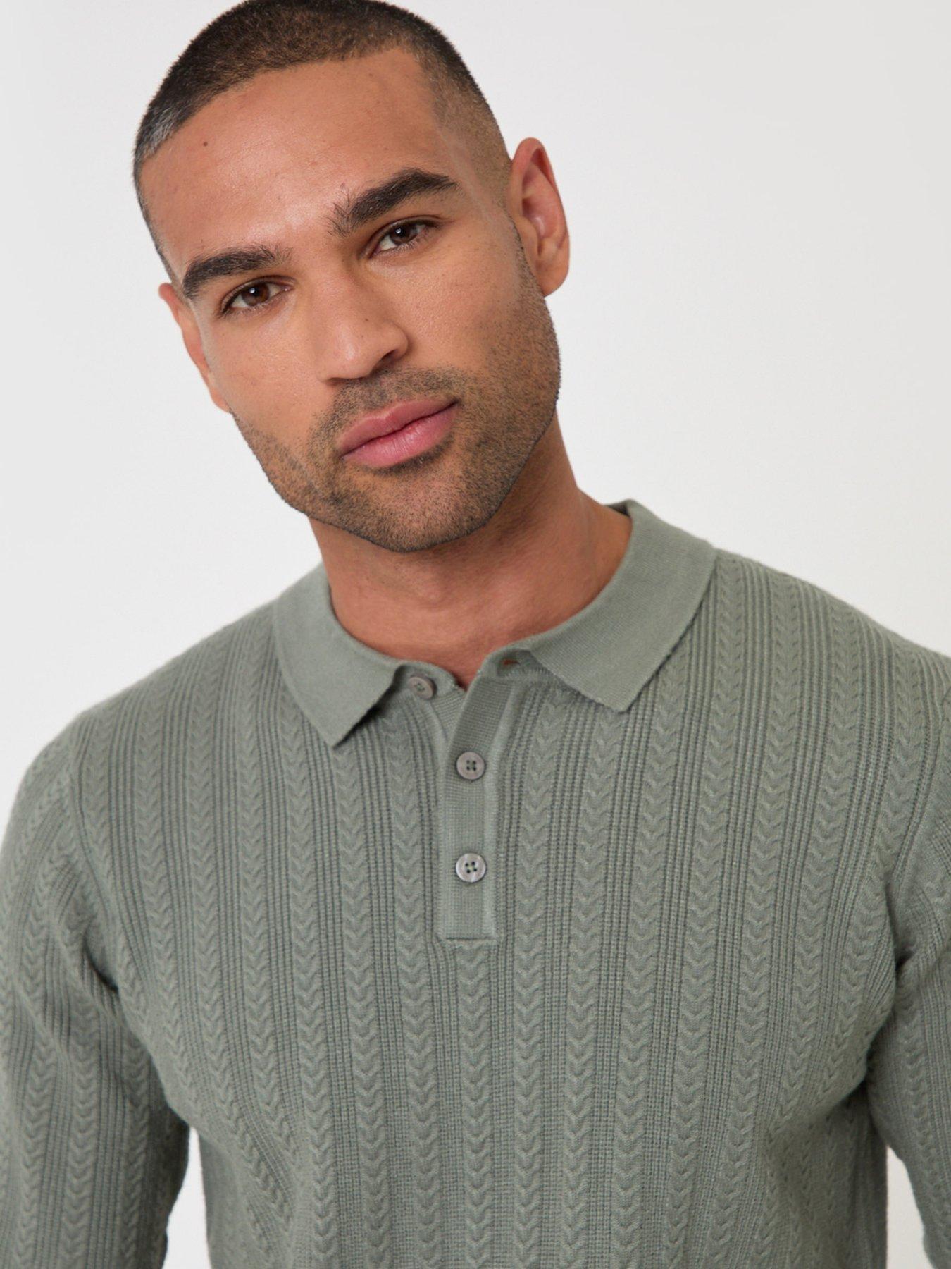 Image 4 of 5 of Threadbare Textured Cable Knit Polo Jumper In Sage