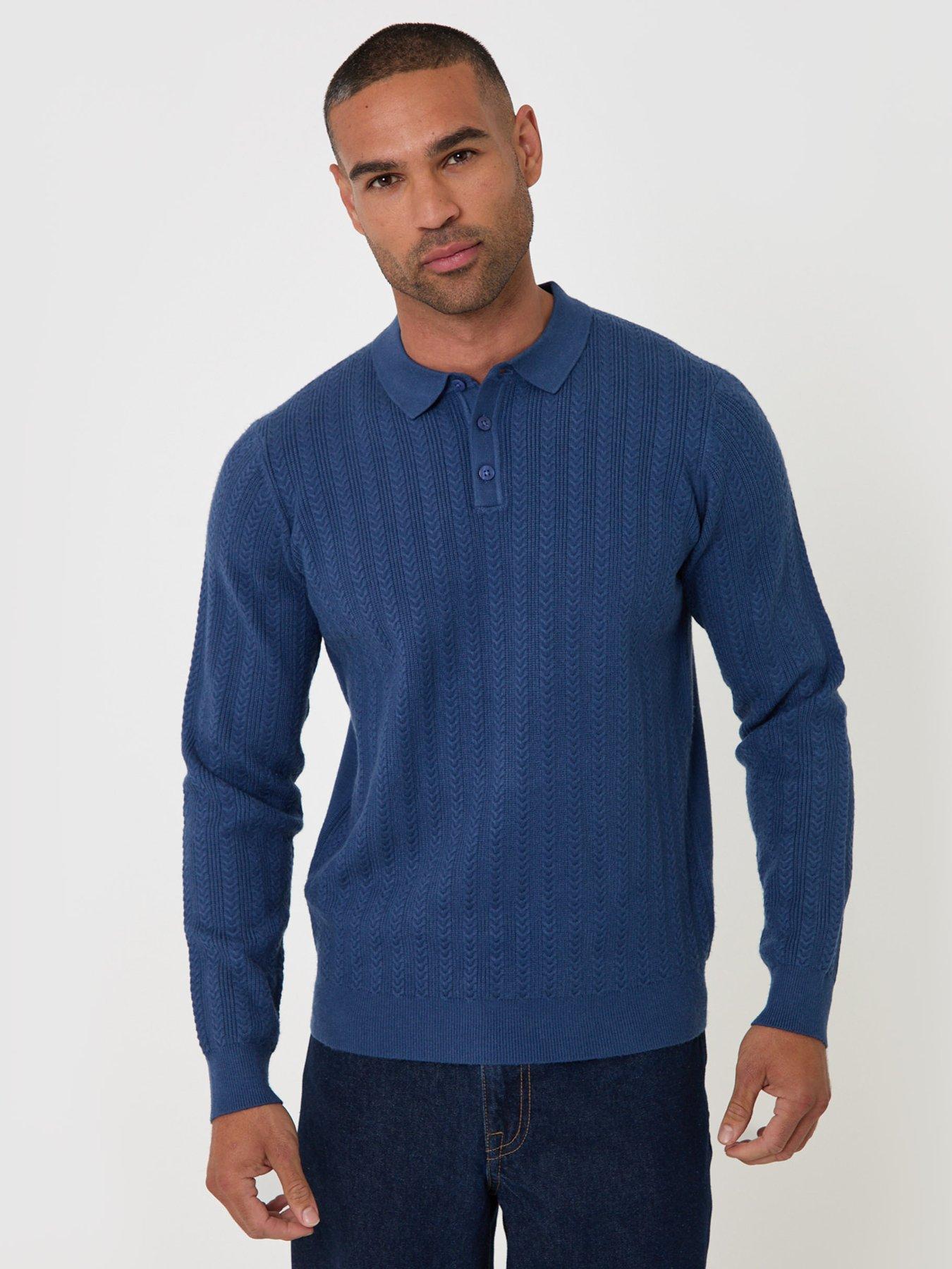 Image 1 of 5 of Threadbare Textured Cable Knit Polo Jumper In Denim Blue
