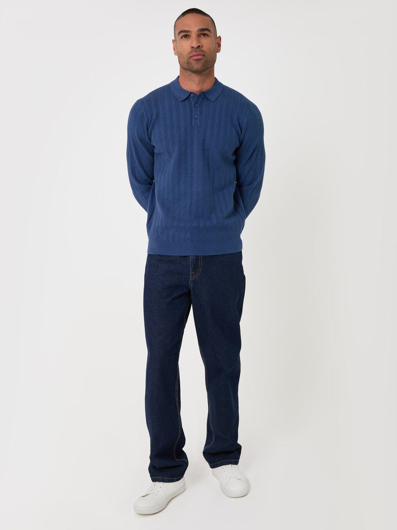 Image 3 of 5 of Threadbare Textured Cable Knit Polo Jumper In Denim Blue