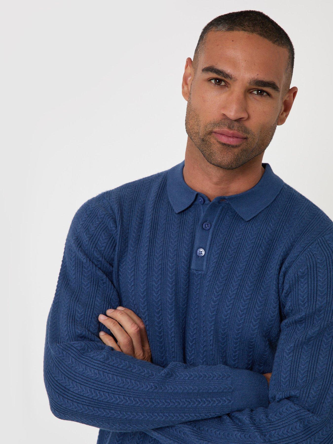 Image 4 of 5 of Threadbare Textured Cable Knit Polo Jumper In Denim Blue