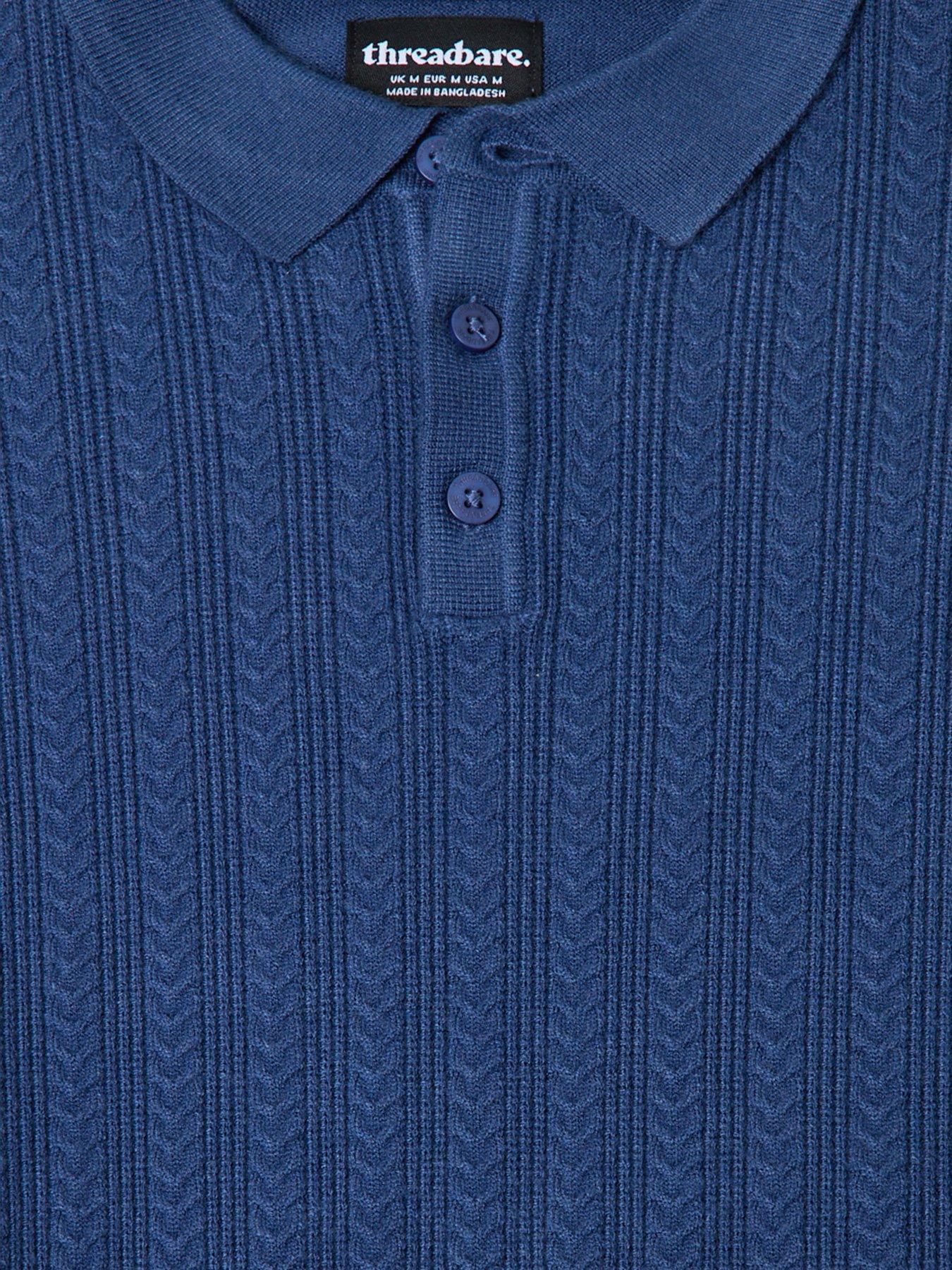 Image 5 of 5 of Threadbare Textured Cable Knit Polo Jumper In Denim Blue