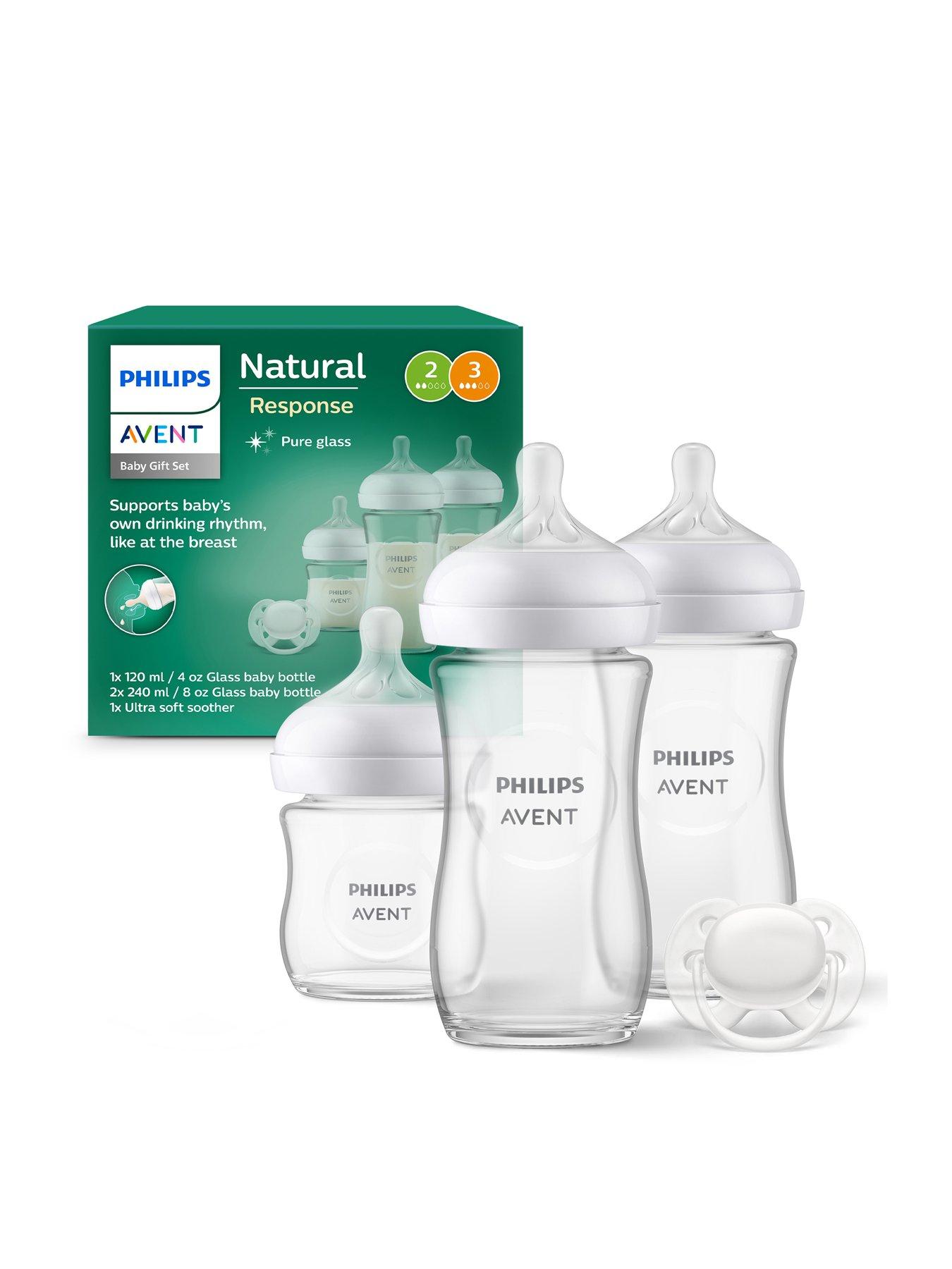 Avent Philips Avent Natural Response Baby Glass Gift Set, Baby Bottle 4oz/125ml, 2 Baby Bottles 8oz/240ml, Ultra Soft Soother