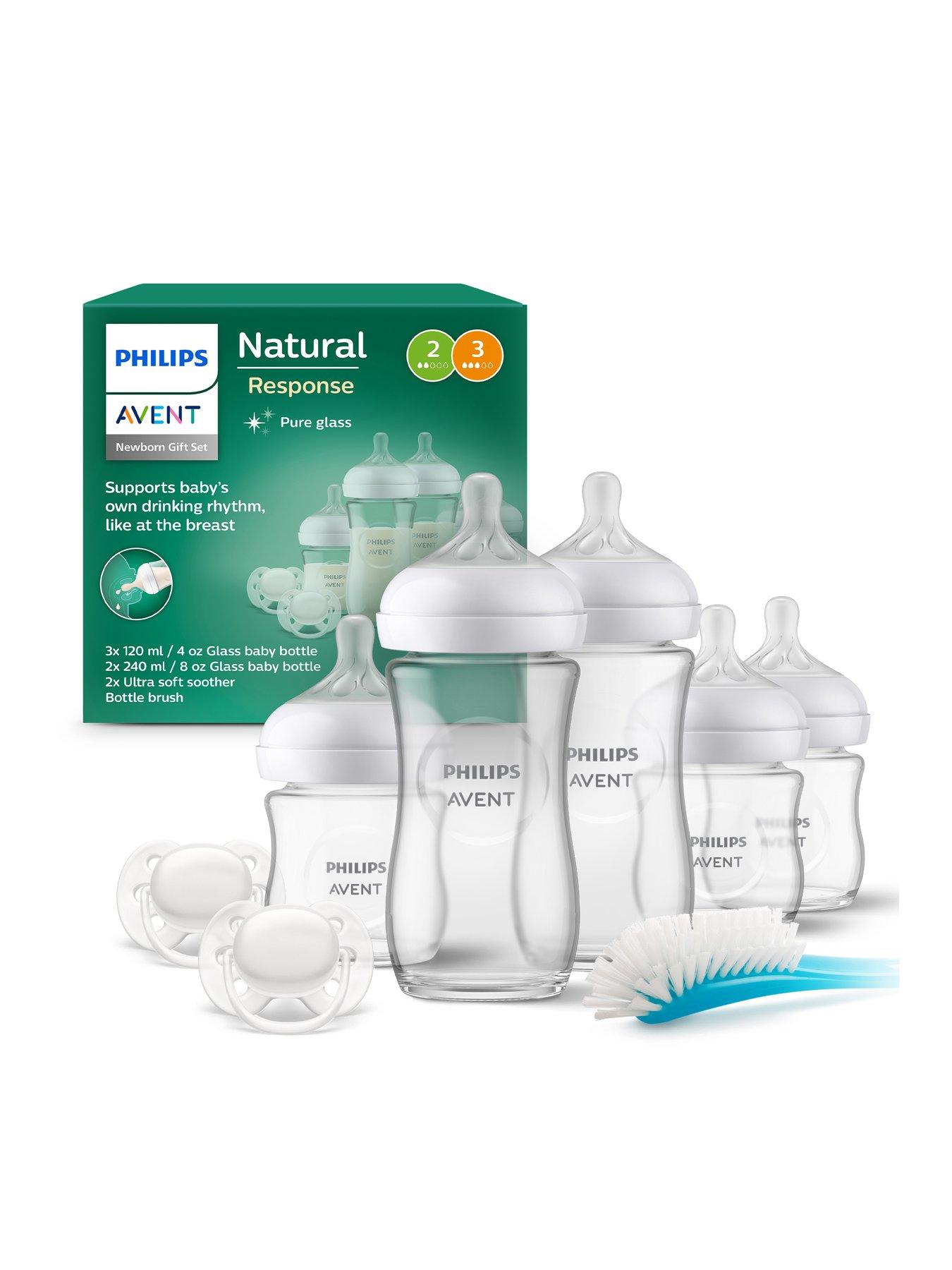 Avent Philips Avent Natural Response Baby Glass Gift Set, 3 Baby Bottles 4oz/125ml, 2 Baby Bottles 8oz/240ml, 2 Ultra Soft Soothers