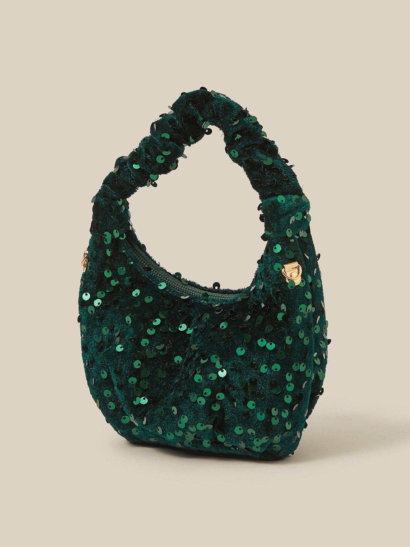 Image 2 of 4 of Monsoon Girls Sequin Velvet Bow Slouch Bag - Green