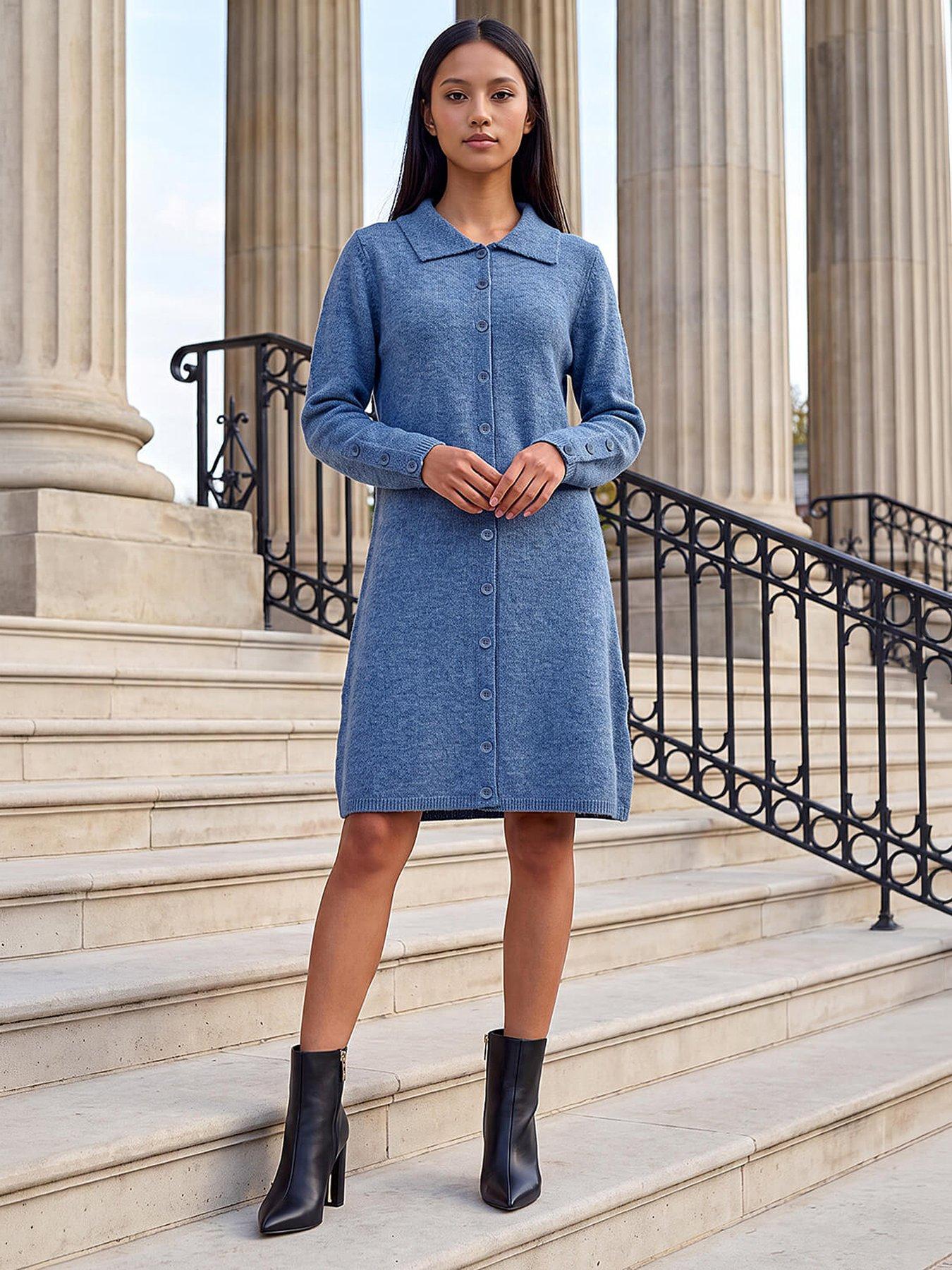 Roman Petite Collared Knit Shift Dress