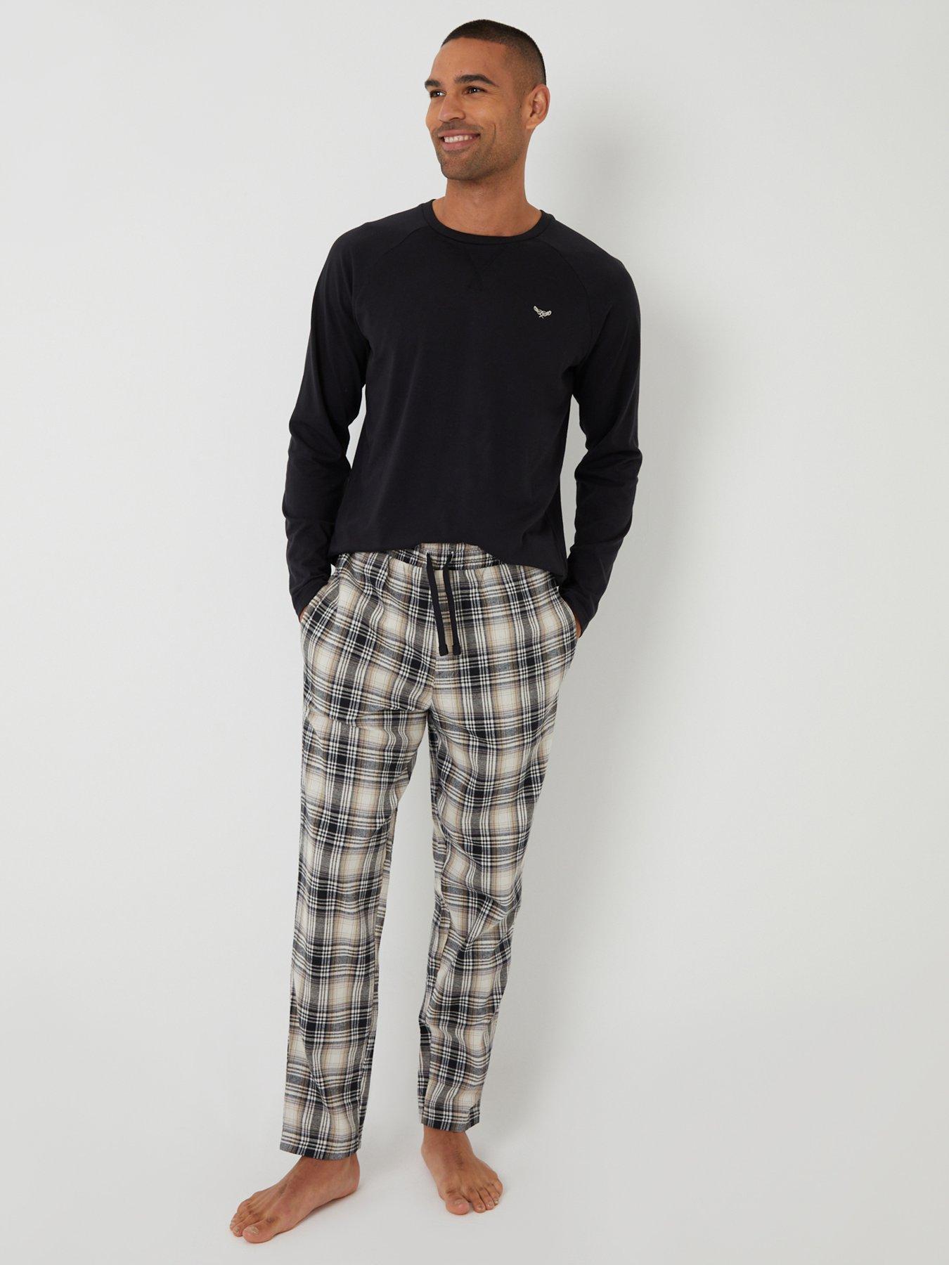 Image 1 of 4 of Threadbare Long Sleeve Top & Cotton Flannel Trousers Pyjama Set In Ecru Check