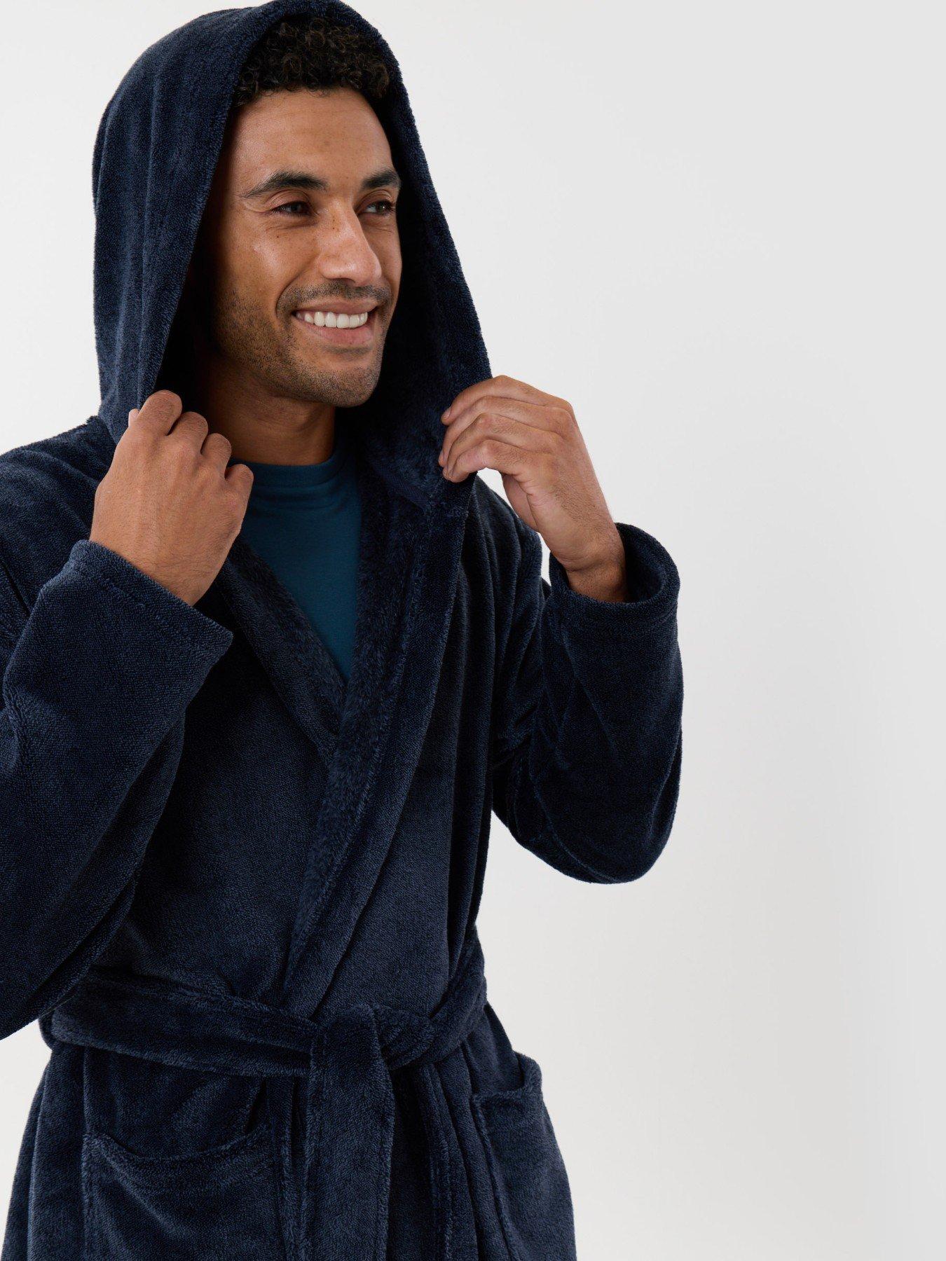 Image 1 of 4 of Threadbare Mens Hooded Soft-Touch Fleece Dressing Gown - Navy