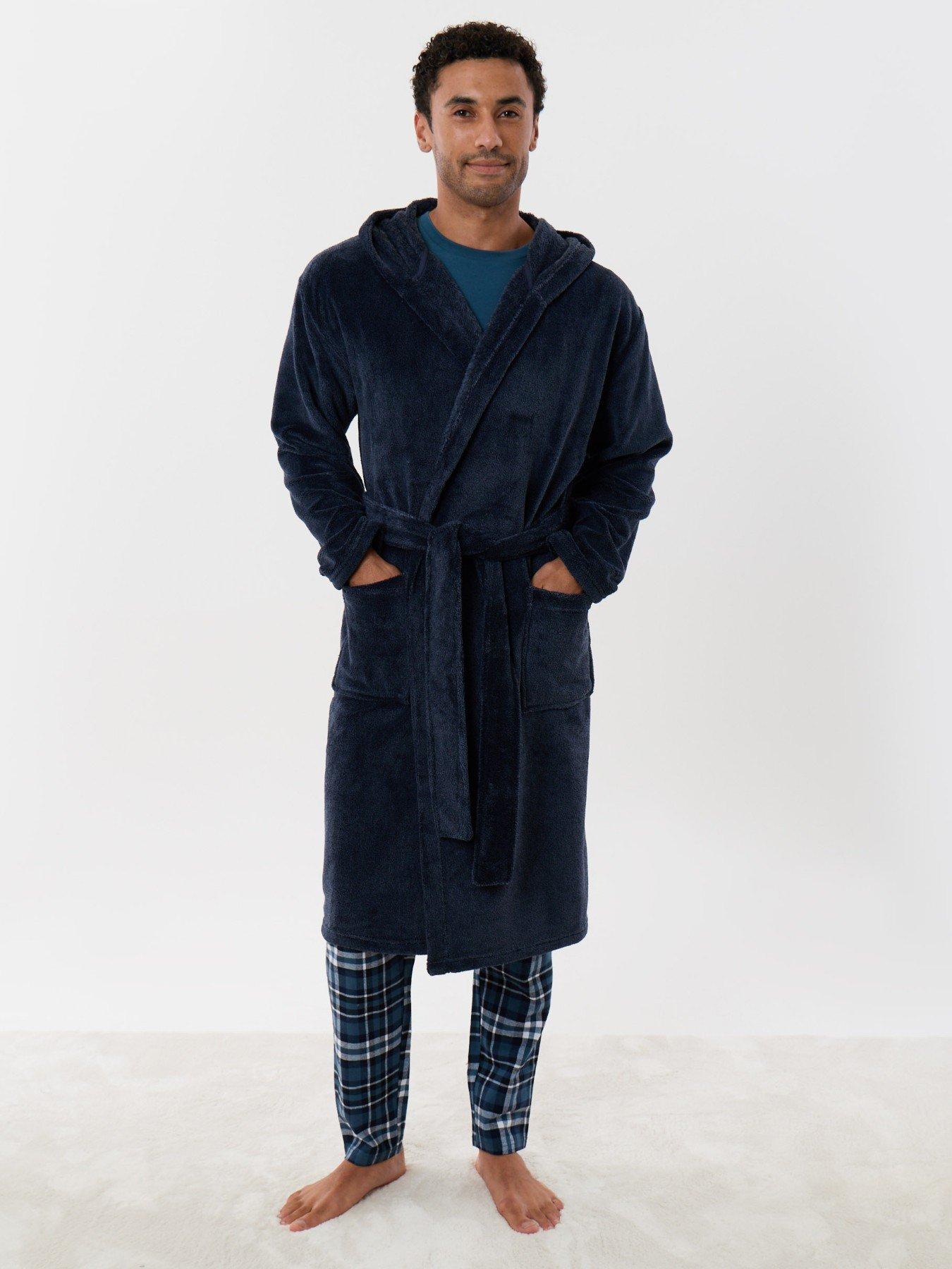 Image 4 of 4 of Threadbare Mens Hooded Soft-Touch Fleece Dressing Gown - Navy