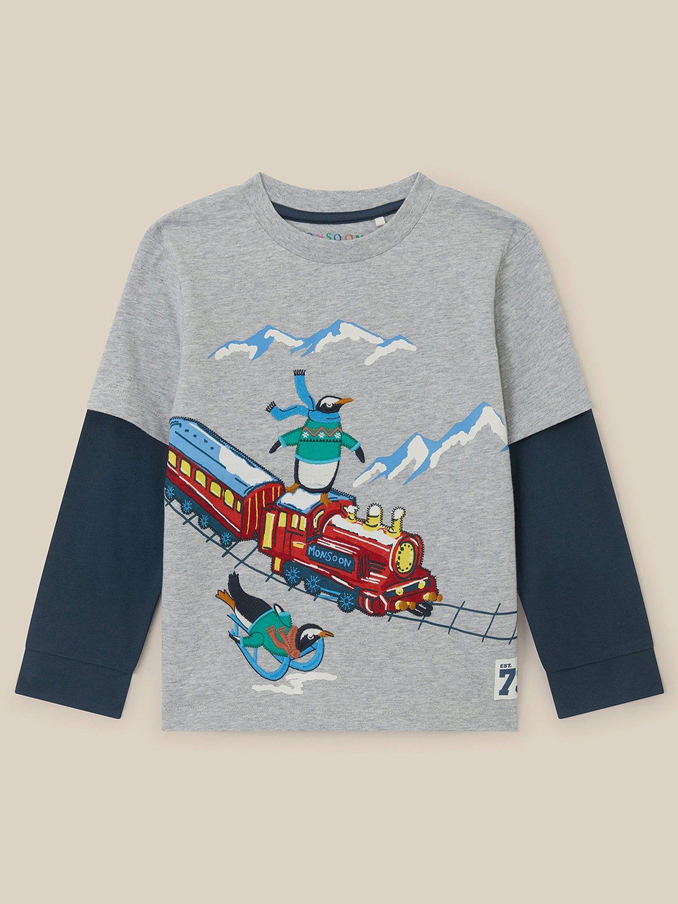 Image 1 of 3 of Monsoon Boys Christmas Train Layered Long Sleeve Top - Grey