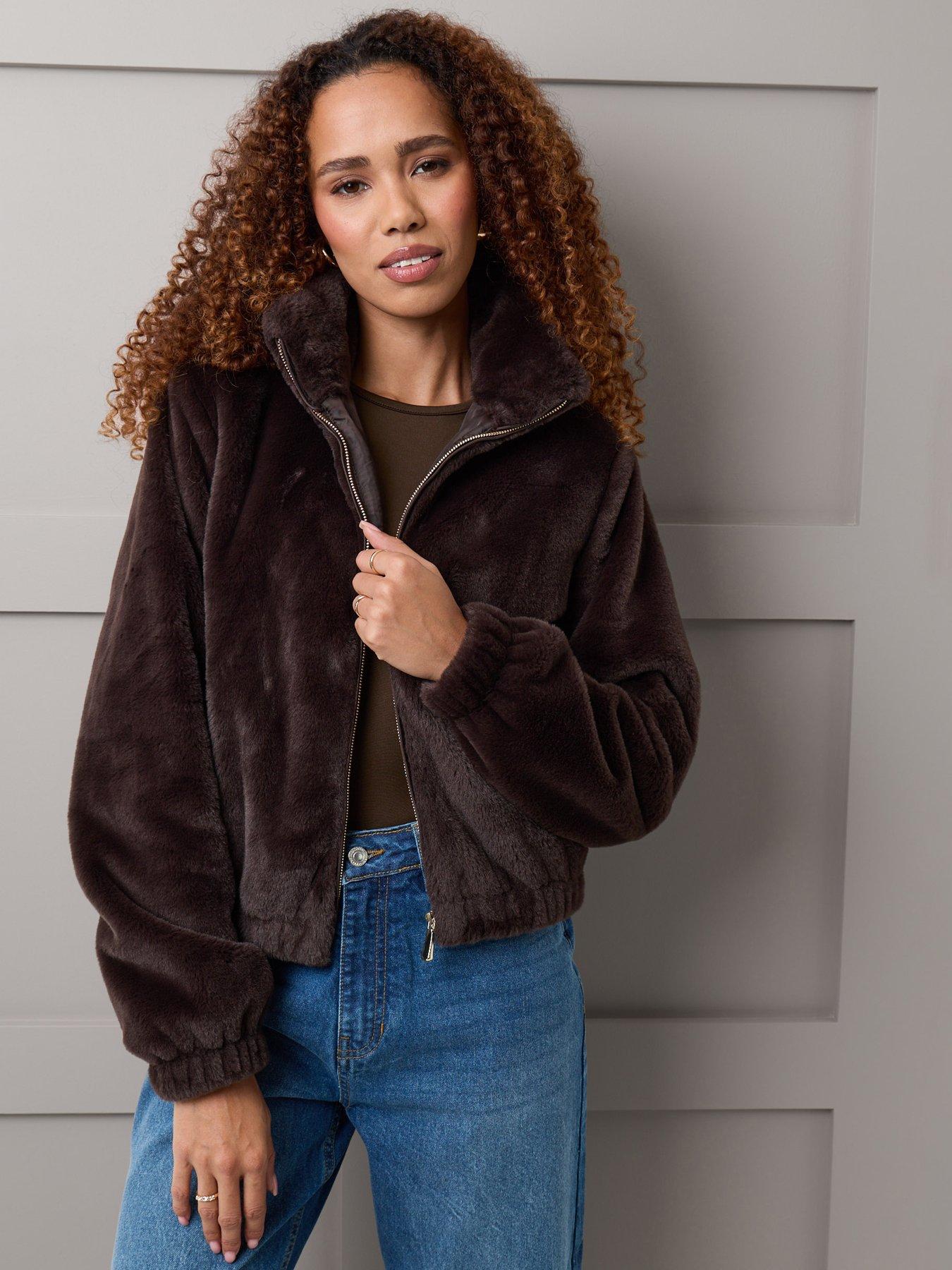 Image 1 of 4 of Threadbare Faux Fur Bomber Jacket In Chocolate Brown