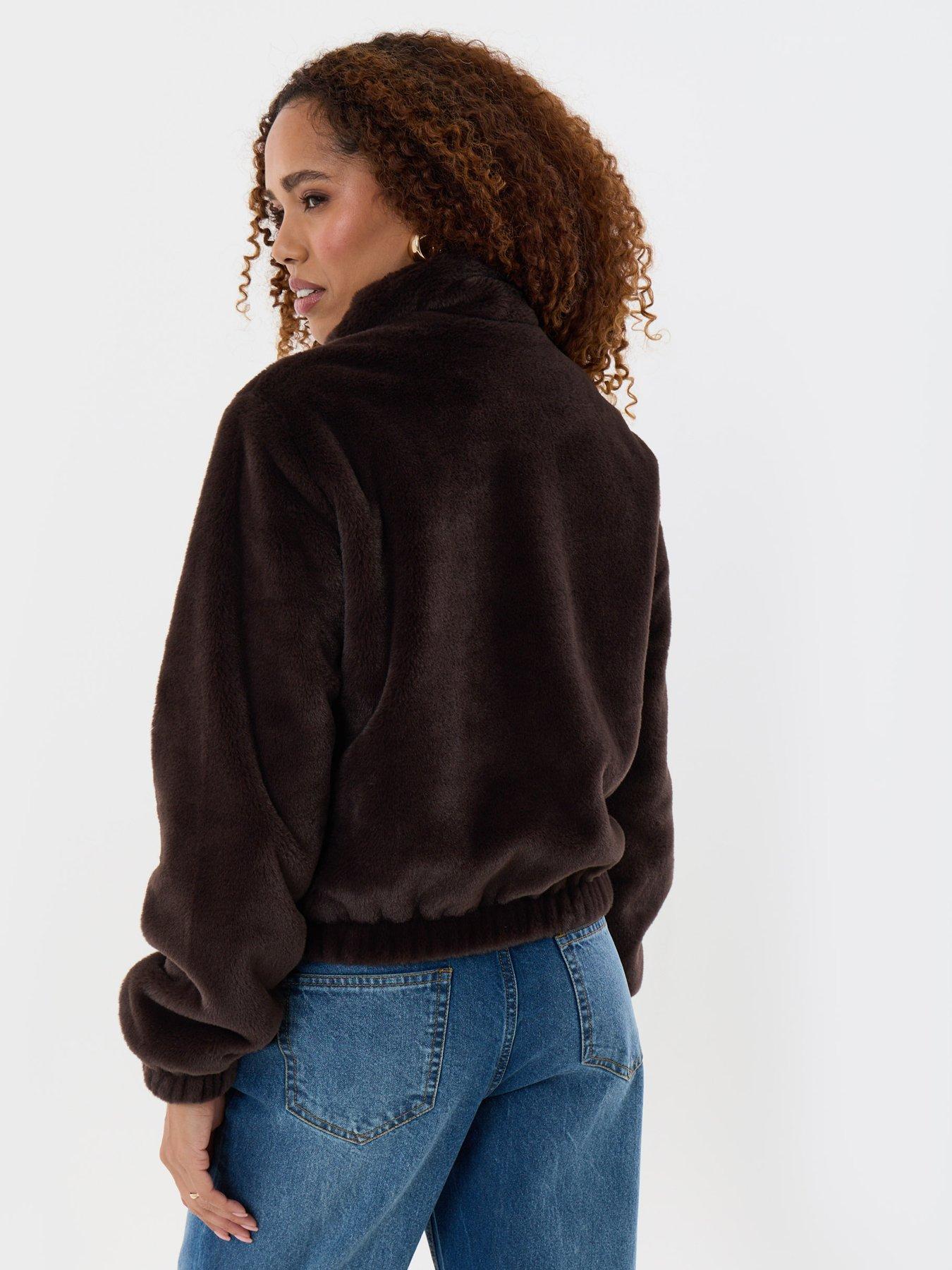 Image 2 of 4 of Threadbare Faux Fur Bomber Jacket In Chocolate Brown